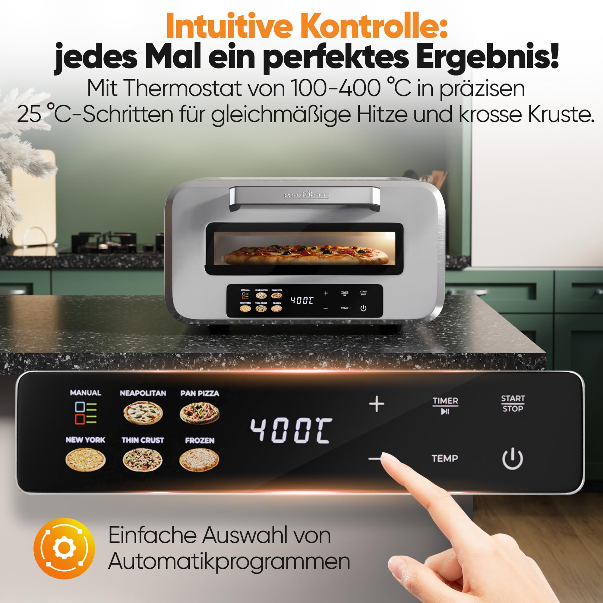 ProfiCook® Pizzaofen elektrisch | 400°C | echter Pizzastein | inkl. Pizzaheber | variable Zeit und Temperatureinstellung | Pizza Ofen Elektro | für Pizza in unter 5 min. | Pizzamaker | PC PO 1323