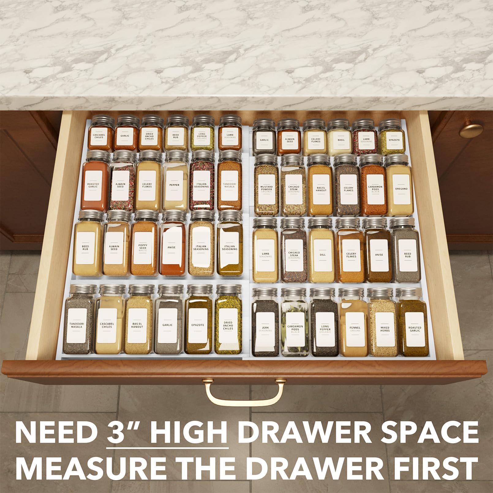 SpaceAid Bambus-Gewürz-Schubladen-Organizer, erweiterbar, 4 Etagen, Gewürzregal für Schrankschublade, Küche, Gewürzaufbewahrung, Schubladeneinsatz (von 30,5 cm bis 58,4 cm breit, weiß)