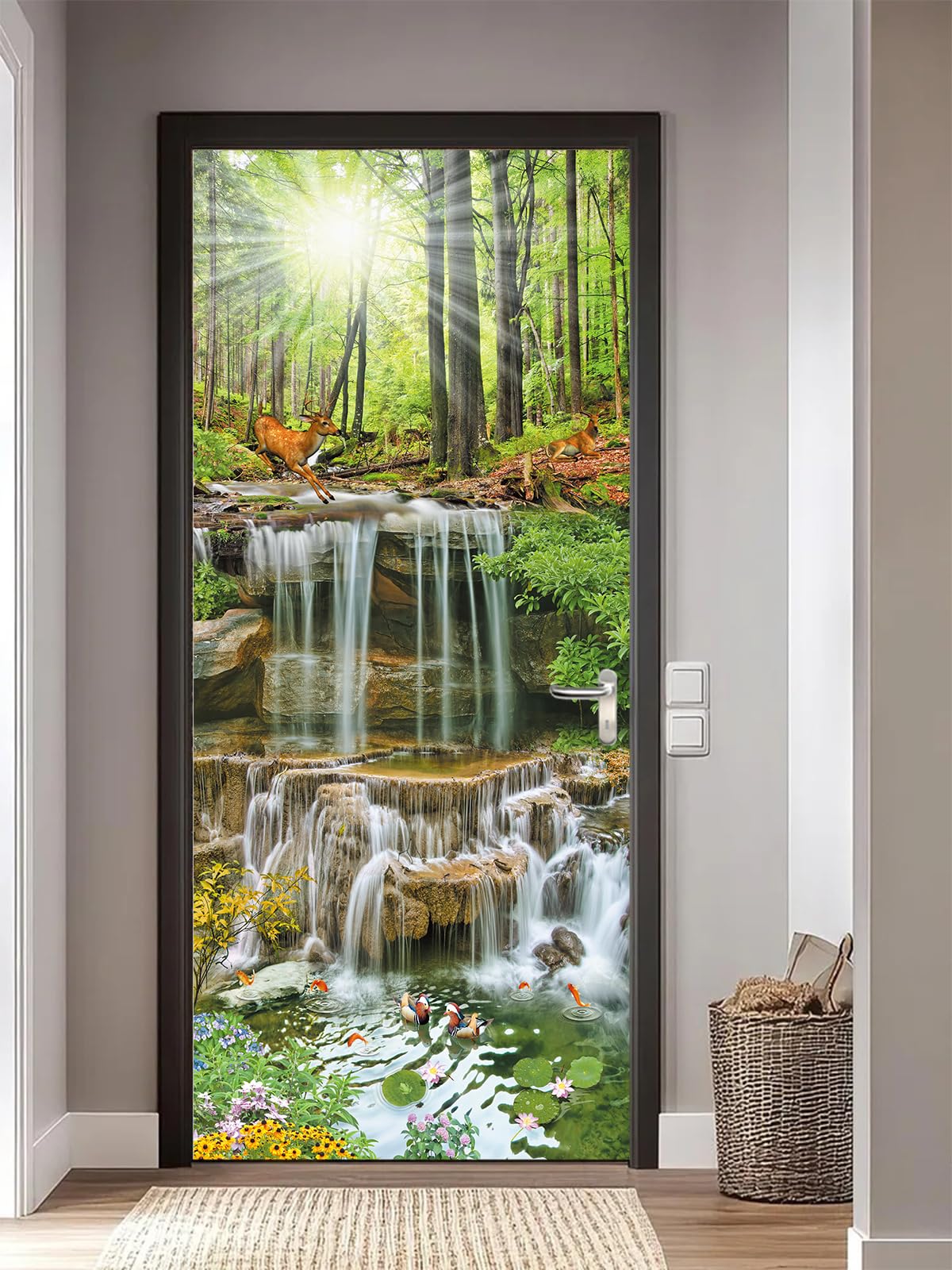 FLFK 3D Door Stickers Peel and Stick 85x215cm,Self-Adhesive Door Murals Wallpaper Poster Sunshine Forest Deer Decals for Home Decor(2Pcs/Set)