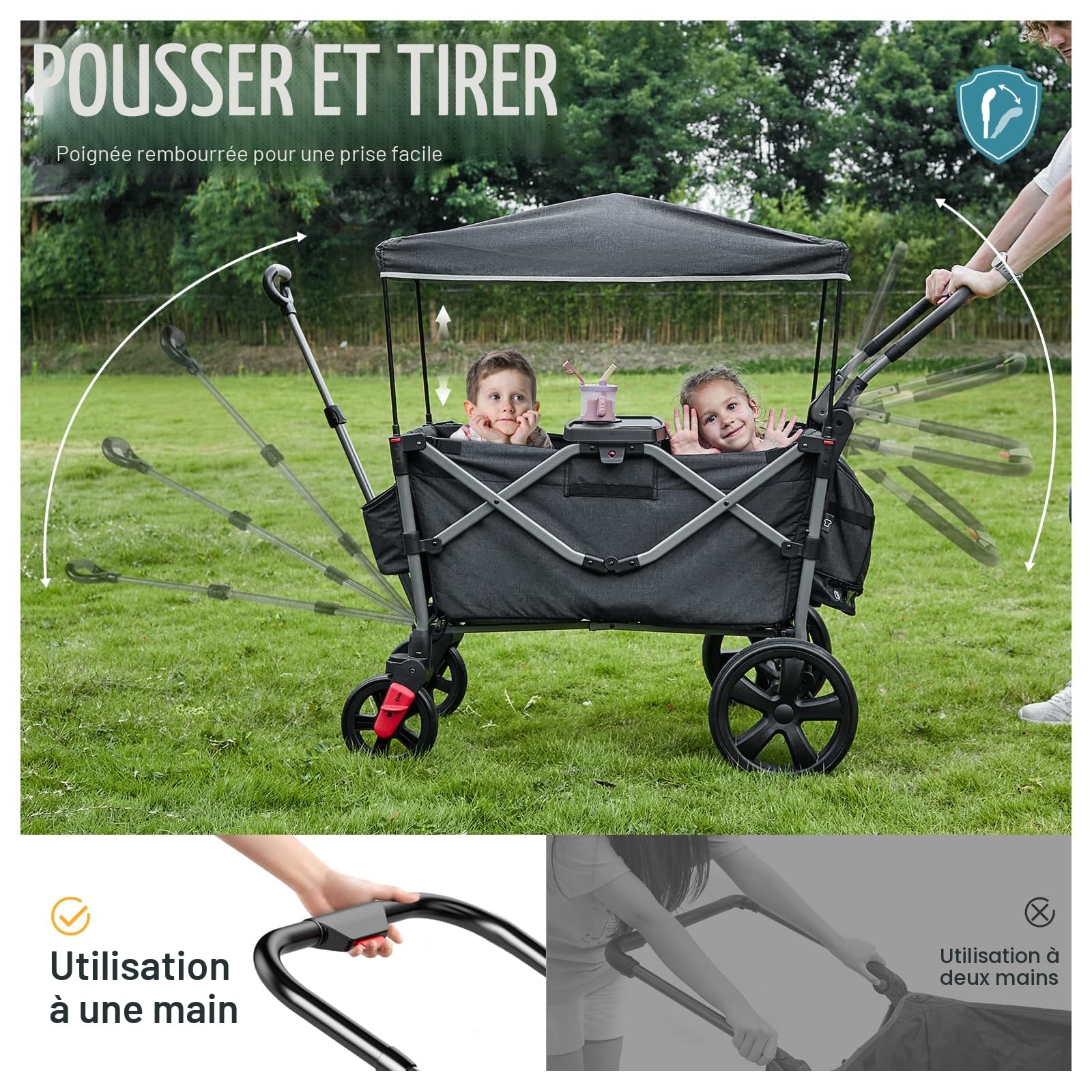 EVER ADVANCED Chariot Pliable pour Enfants avec Toit, Poussette Pliable 2x5 Points Ceinture de Sécurité, avec Sac à Dos, Pull & Push, Frein à Pied, Chariot de Transport Capacité de Poids 50KG
