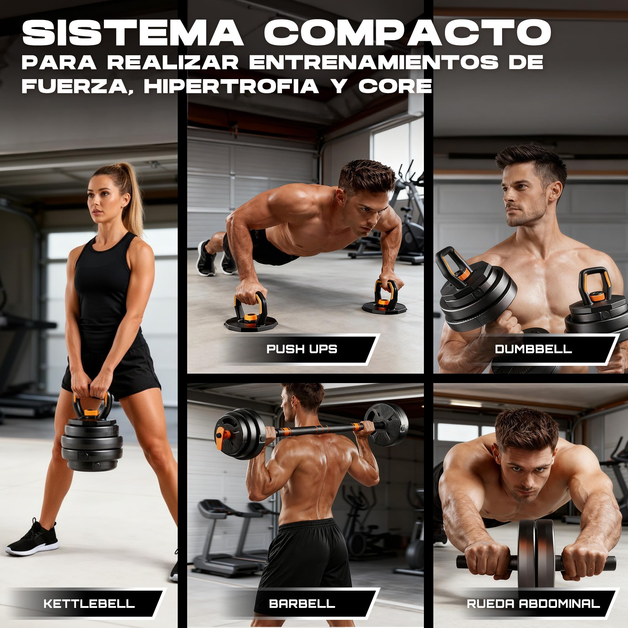 Juego de Pesas y Mancuernas Ajustables 6 en 1 – Kit Pesos Fitness Completo con Barra Curva y Rueda Abdominal – 10kg 20 kg