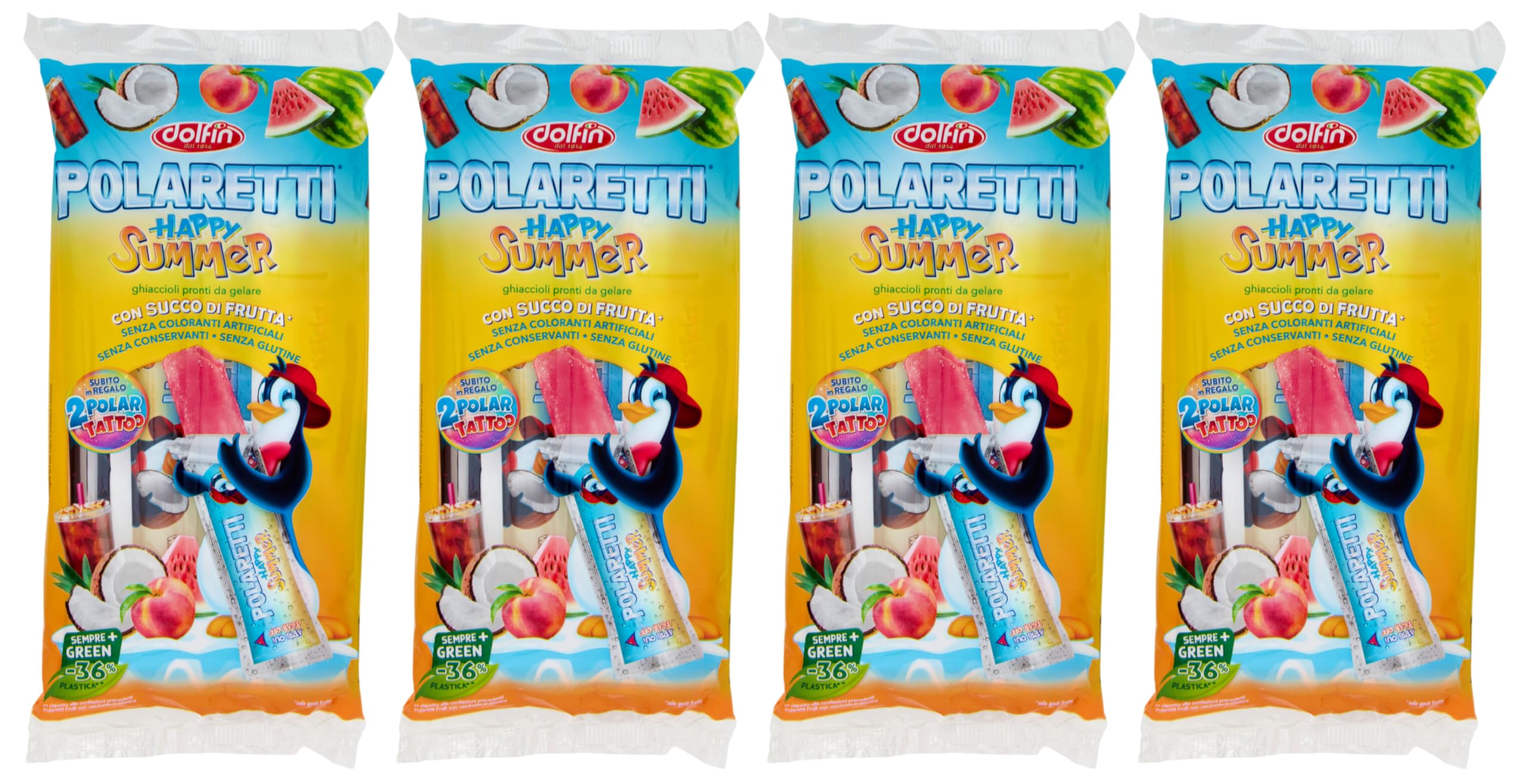 4X Dolfin Polaretti Happy Summer Nuovi Ghiaccioli al Gusto di Pesca, Anguria, Cocco e Cola 420ml (2024)