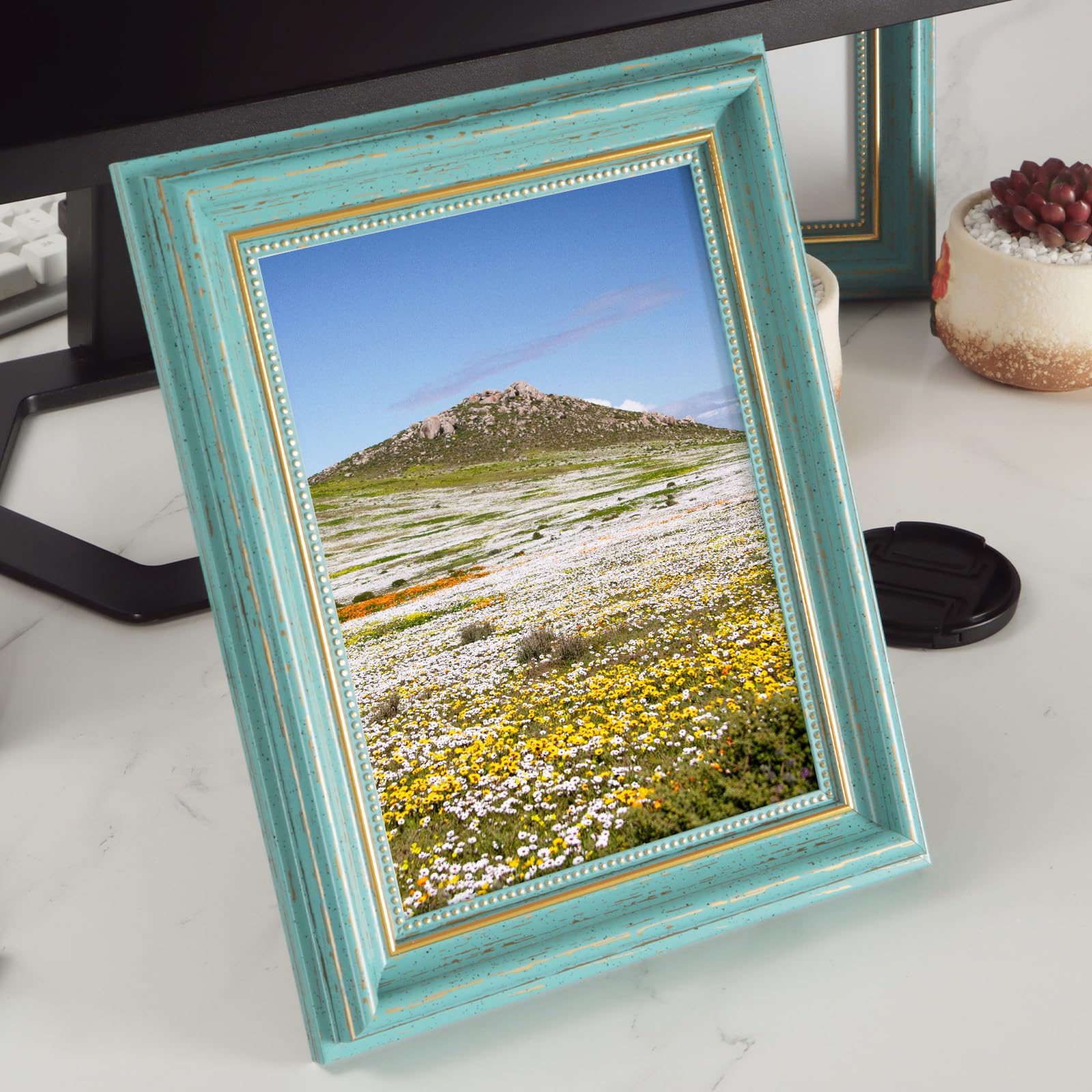 marysgift 4x6 Picture Frames Rustic Retro Photo Frame with Plexiglass Wall Mount and Tabletop Display Family Friends Wedding Gift (Vintage Blue,6 * 4")