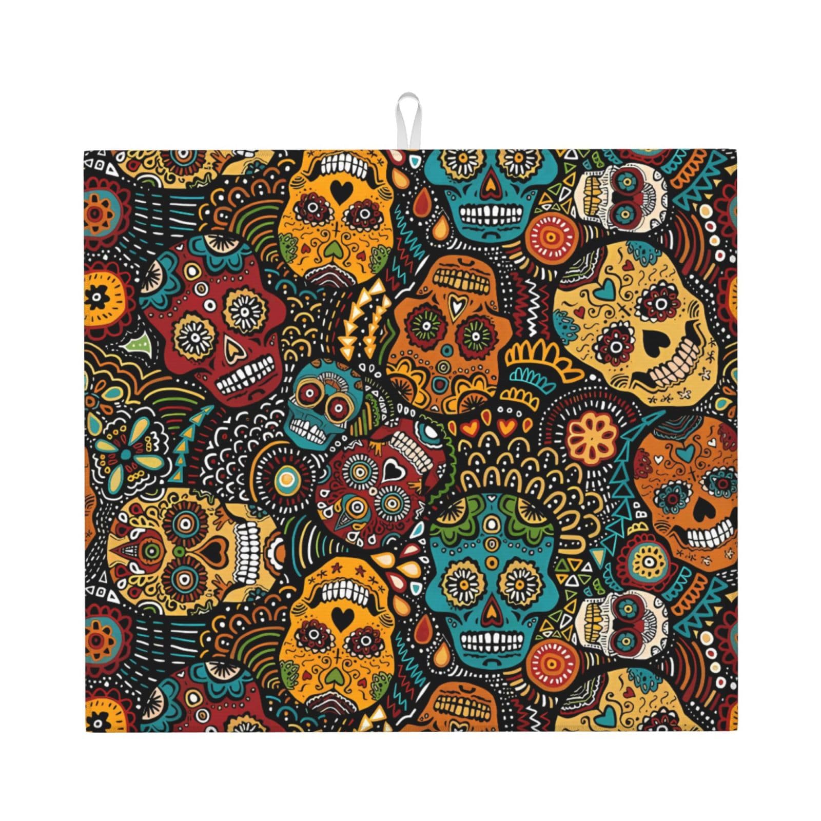 Yyhwhjde Black Sugar Skull Print Prints Kitchen Drying Mat – Absorbent Dish Throw For Countertop, Non-Slip Layer With Vibrant Prints, Ideal For Housewarming