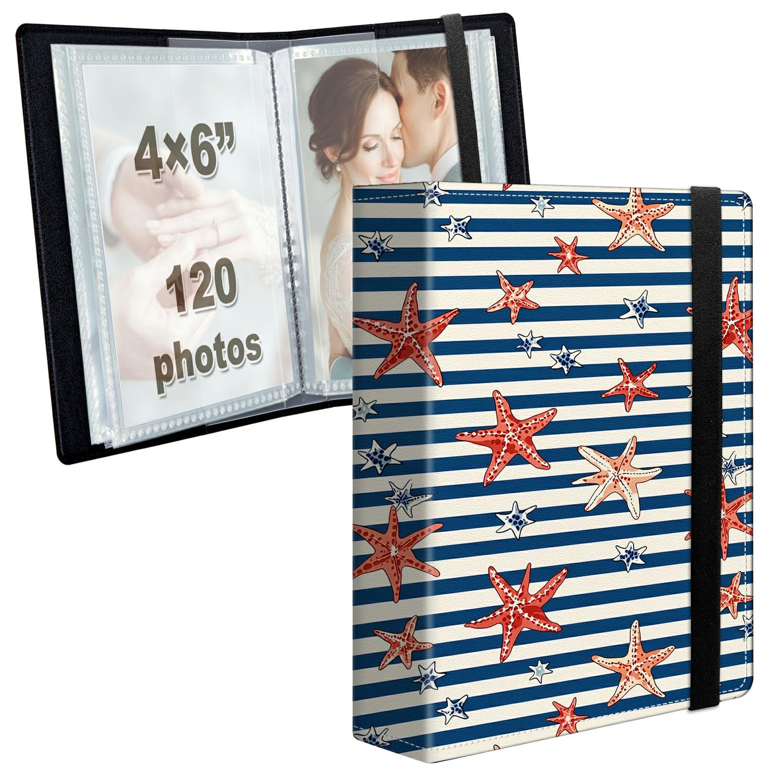 Photo Album 4x6 120 Photos with Strong Elastic Band, Striped Starfish