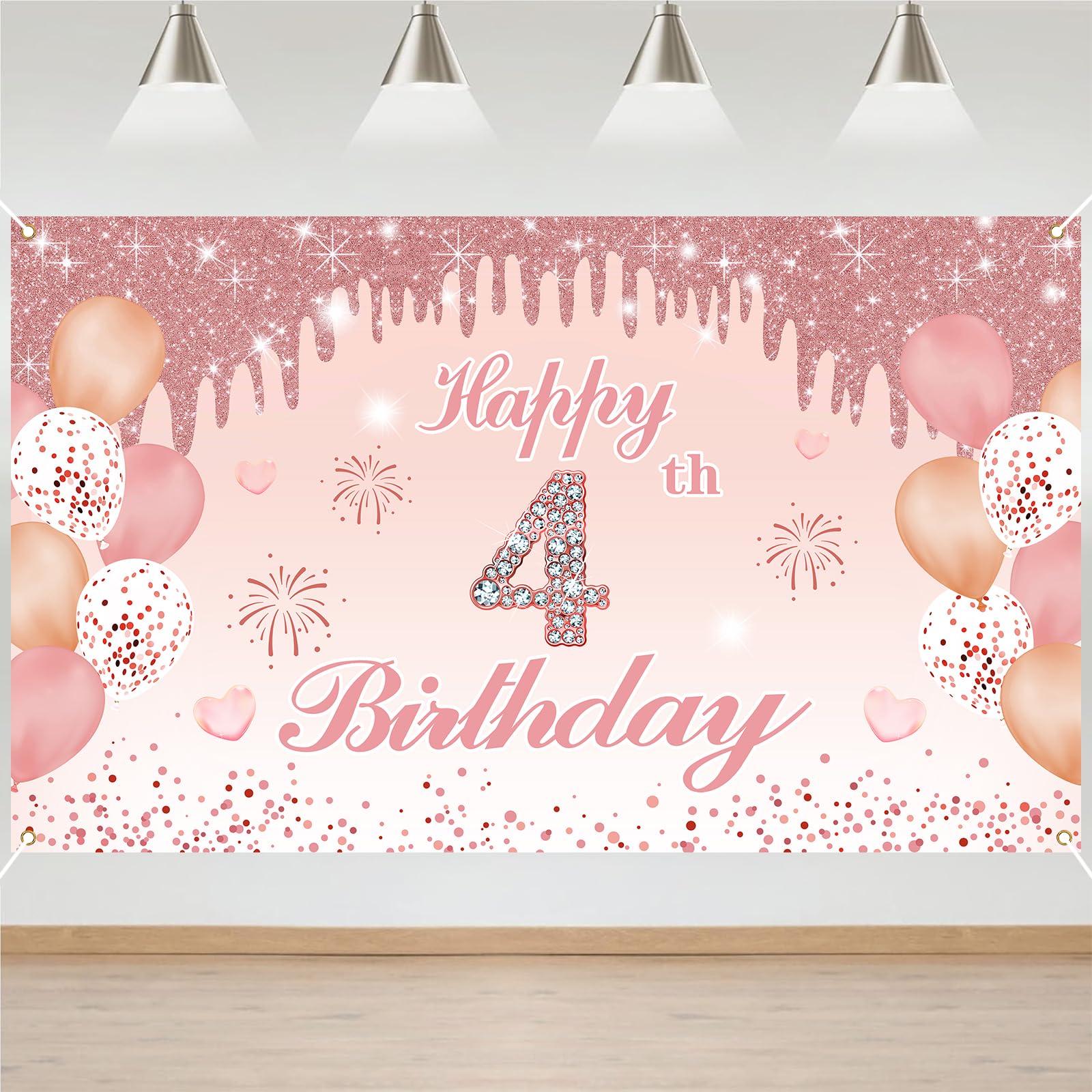 4th Birthday Decorations Door Banner Pink Happy Birthday Banner for Party Backdrop for Women Home Outdoor Cover Party Decoration Supplies Poster — image 1