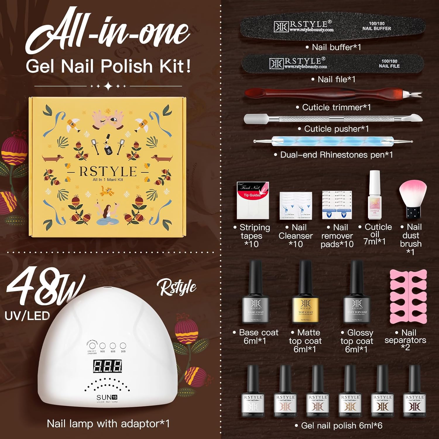 RSTYLE Kit Semipermanente Unghie,con 48W UV/LED Lampada,6 Colori Marrone Glitter Smalti Semipermanenti per Unghie Kit di Partenza Nail Art Set Smalto Semipermanente Natale Professionale Completo Bianco marrone - Immagine 2