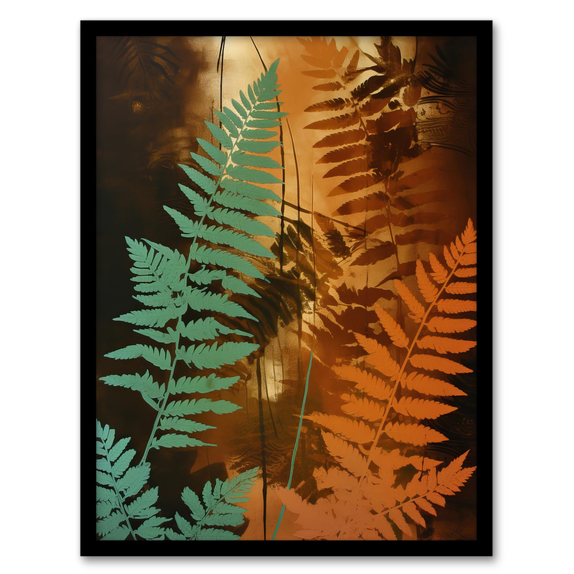 Artery8 Ferns Orange And Teal Vintage Aesthetic Earthy Botanical Artwork Framed Wall Art Print A4