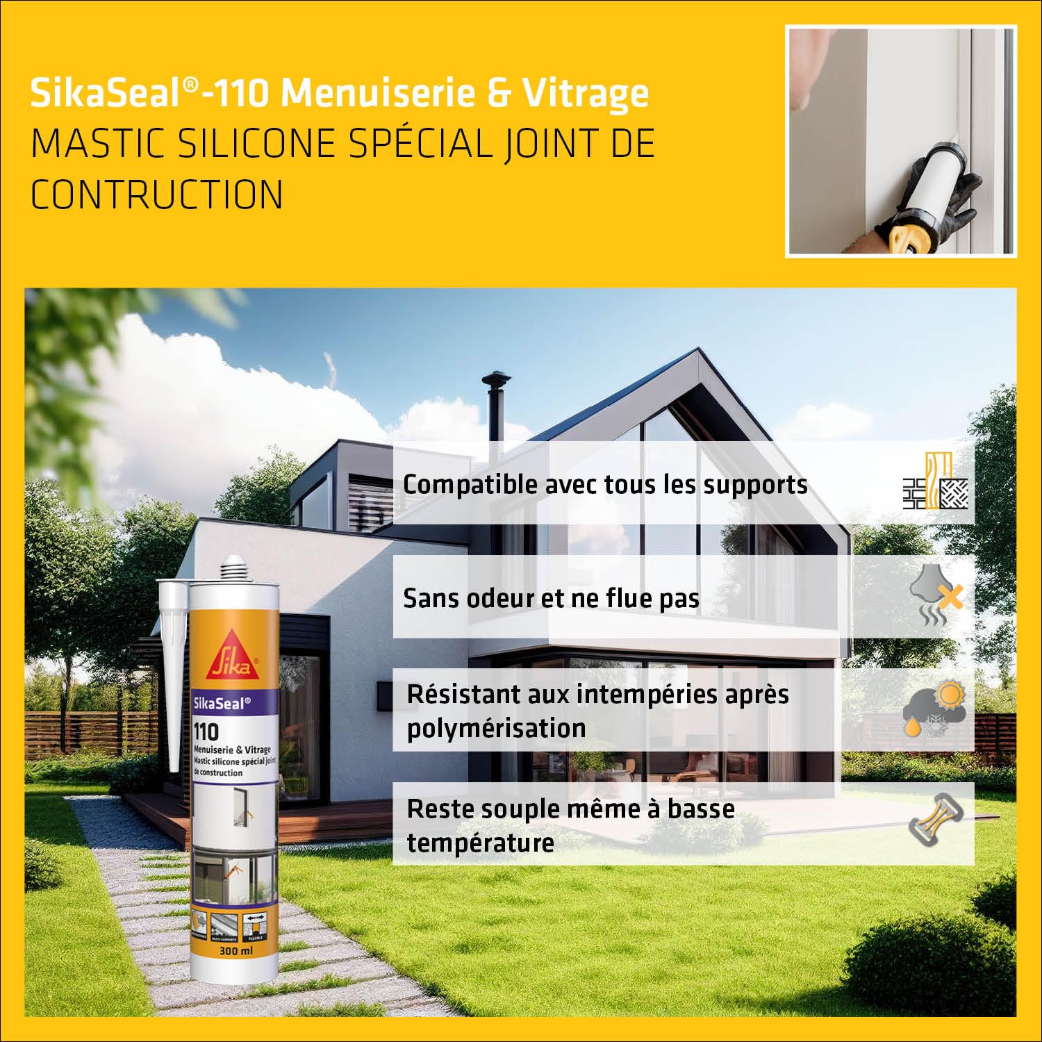 SIKA - Lot de 3x400ml, Mousse PU Moyen Format, Sika Boom 128, expansion 20L, Usage tous sens, Blanc + 1x Mastic Silicone Neutre, SikaSeal 110 Menuiserie et Vitrage, Multi-supports, 300ml, Blanc PVC