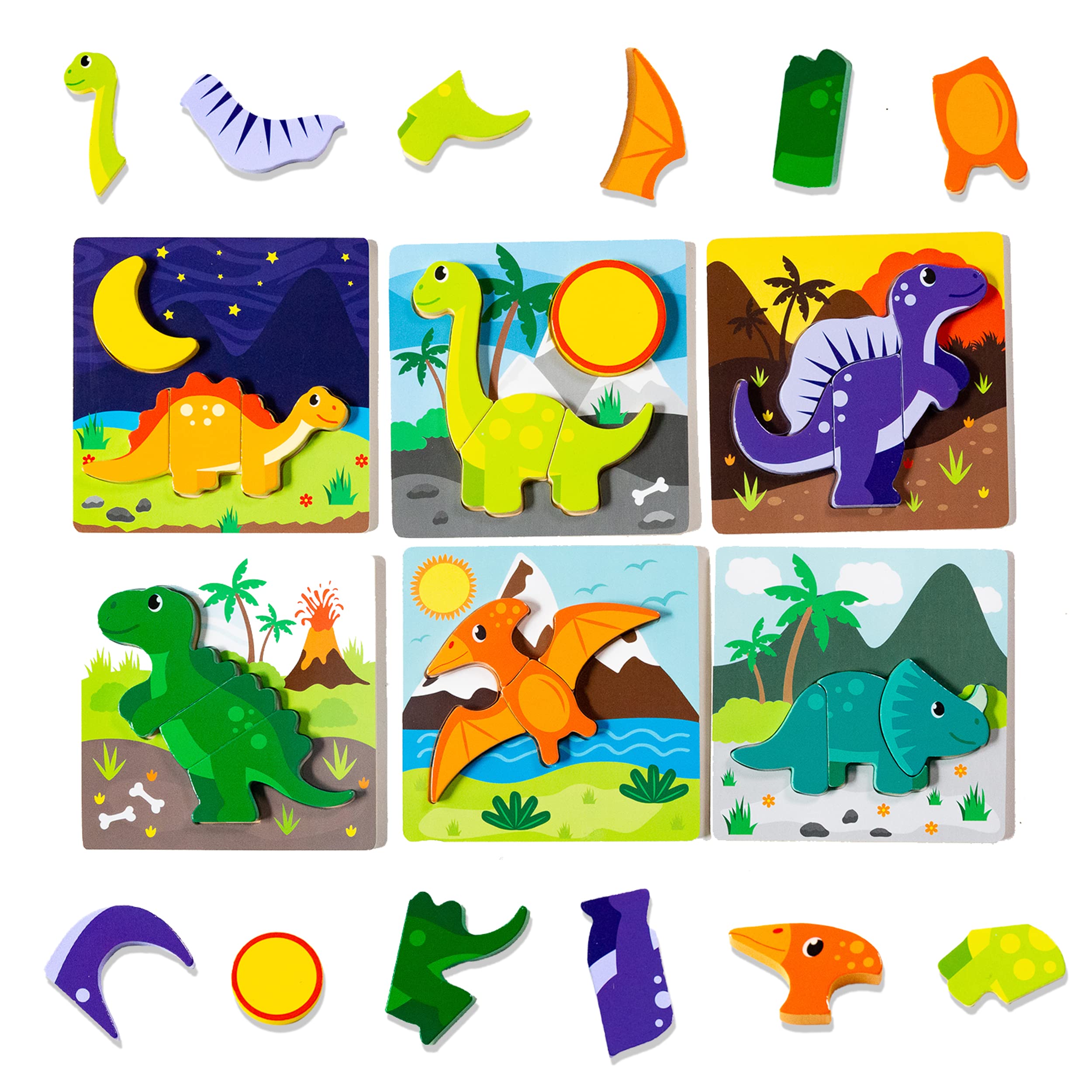 Klevly 6 PK Dinosaur Wooden Toddler Puzzles Ages 2-4 | Wooden Puzzles for Toddlers 18 Months to 3 Yrs | Montessori Toys for 2 Year Old | Learning Toys