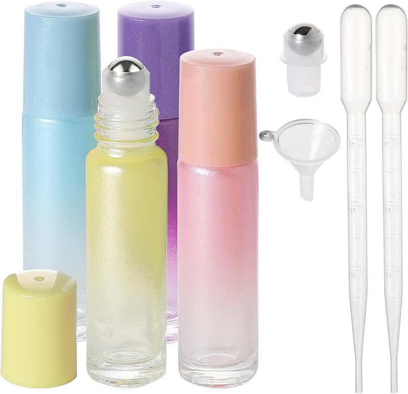 Frascos Roll-on SESENSE de Vidro para Óleos Essenciais, 10 mL, Coloridos, Pacote com 4