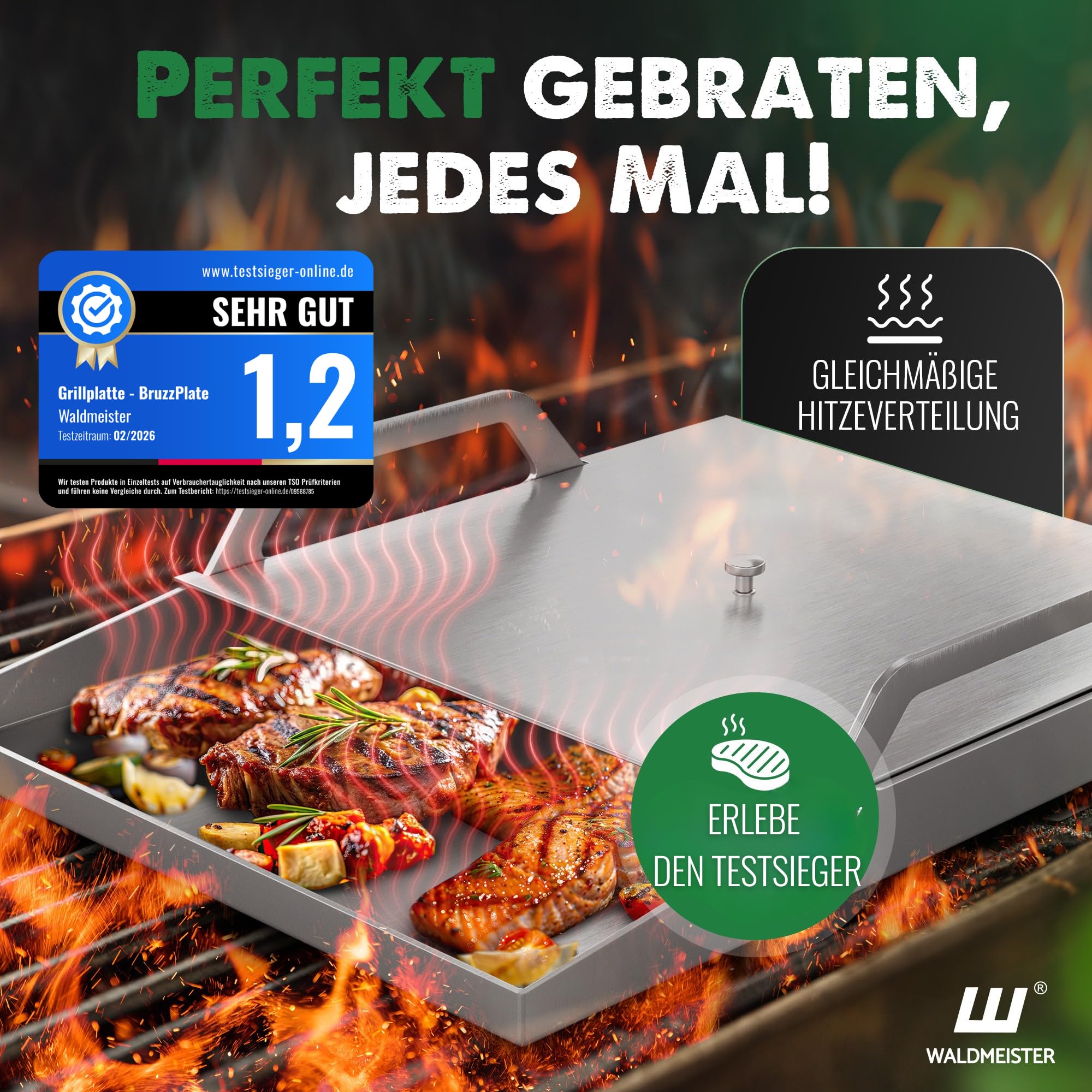WALDMEISTER Plancha Grillplatte Edelstahl 40x30cm mit Griffen Deckel 2 Grillspachteln Gasgrill Grillzubehör