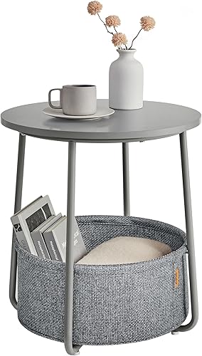 VASAGLE Mesa auxiliar redonda pequeña, mesita de noche moderna con cesta de tela, mesita de noche para sala de estar, dormitorio, gris paloma y gris