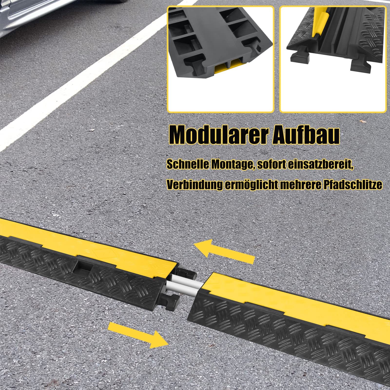 ACXIN Kabelschutzmatte 2 Stück 2 Kanal, 100 x 24 x 5 cm Überfahrschutz für Kabel, Kabelbrücke aus Industriequalität Gummi mit Modularem, Design für Parkplätze, Lagerhäuser (Schwarz)