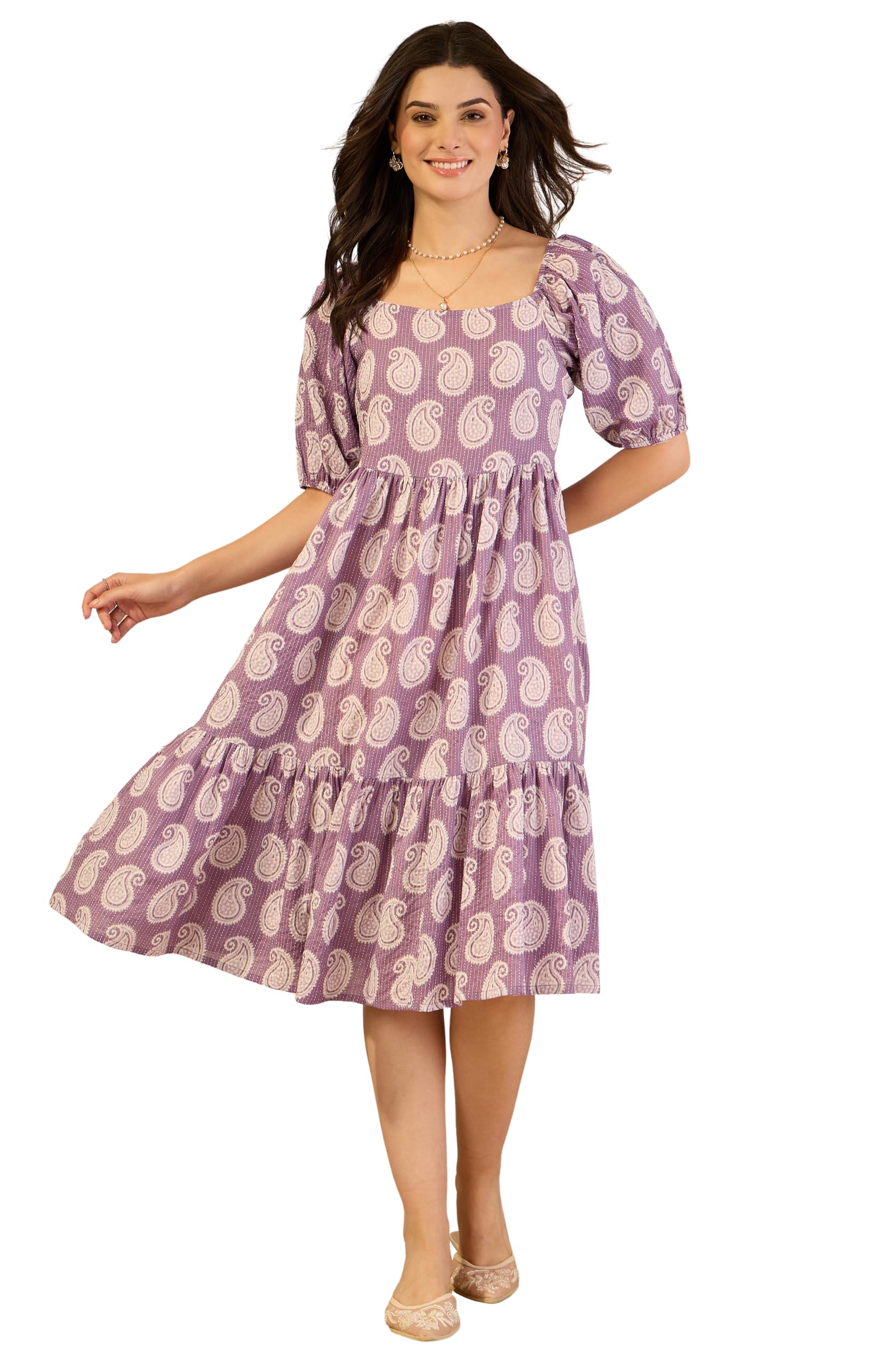 janasya Women's Purple Pure Cotton Paisley Printed Gathered Dress-picture-24