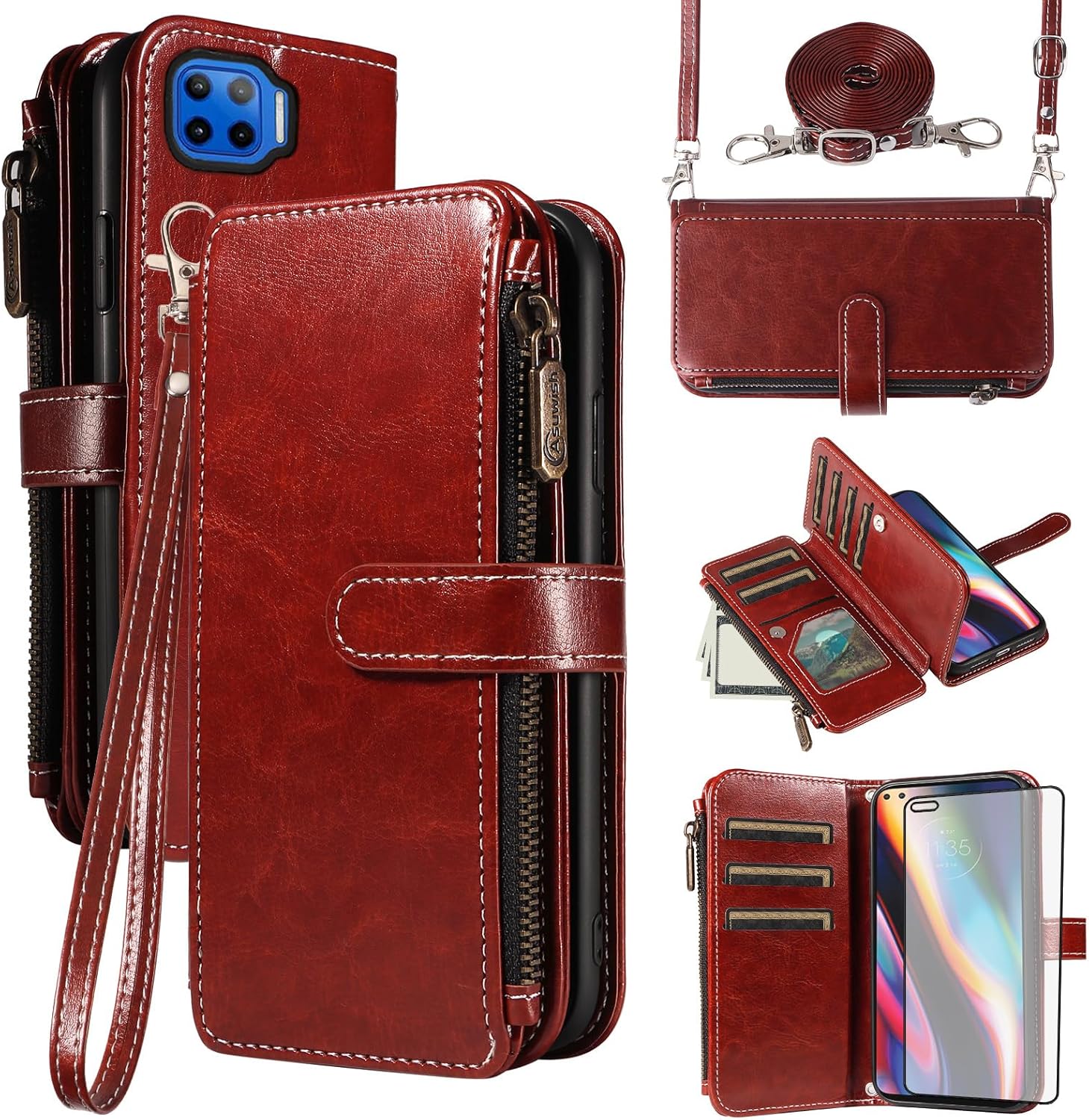 Asuwish Phone Case for Moto One 5G/One5G UW/Moto G G5 Plus Cover with Screen Protector and Lanyard Zipper Wallet Card Holder Slot Stand Cell Accessories Motorola One Lite XT2075-1 Women Men Brown