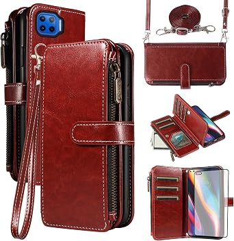 Asuwish Phone Case for Moto One 5G/One5G UW/Moto G G5 Plus Cover with Screen Protector and Lanyard Zipper Wallet Card Holder Slot Stand Cell Accessories Motorola One Lite XT2075-1 Women Men Brown