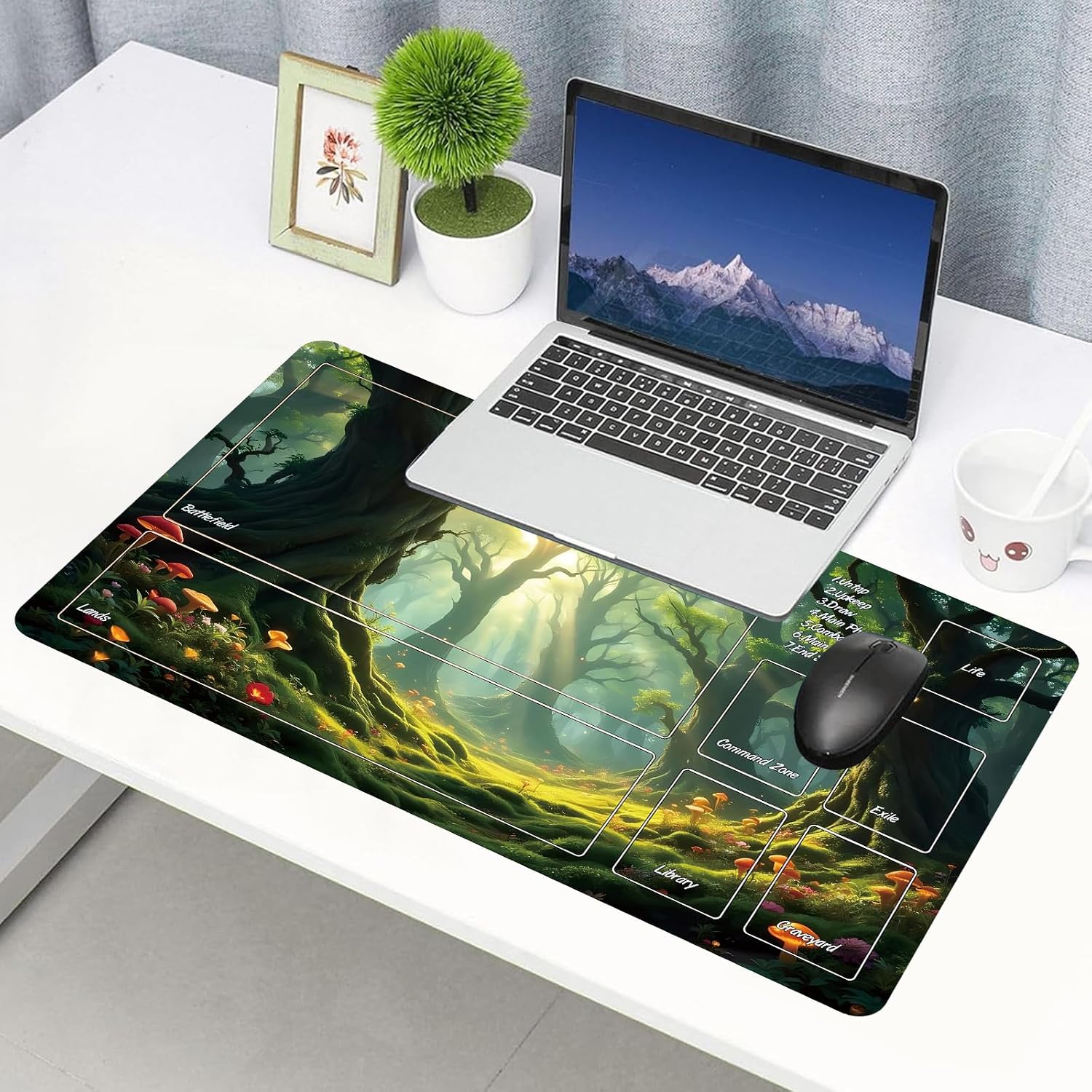 MTG Mat TCG DND Playmat with Storage Bag & 7 Dice | Waterproof Non-Slip Surface | Premium Edge-Locking Design | Play Mat with Zones for Magic Playmat Gaming Mat (E-Sunlit Grove)