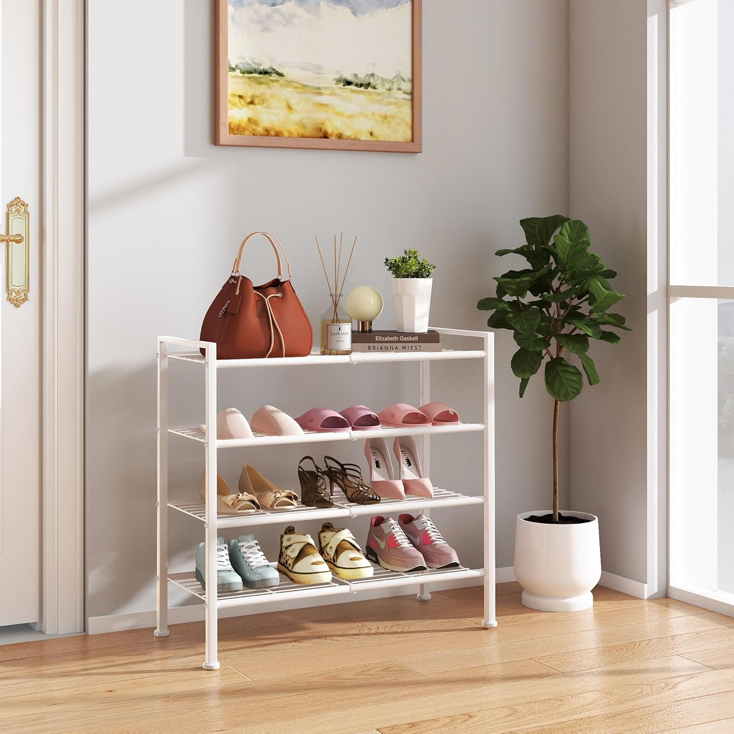 4-Tier Shoe Rack,Metal White Shoe Storage Organizer Shelf for Closet,Entryway,Hallway,Dorm (White, 4 Tier)