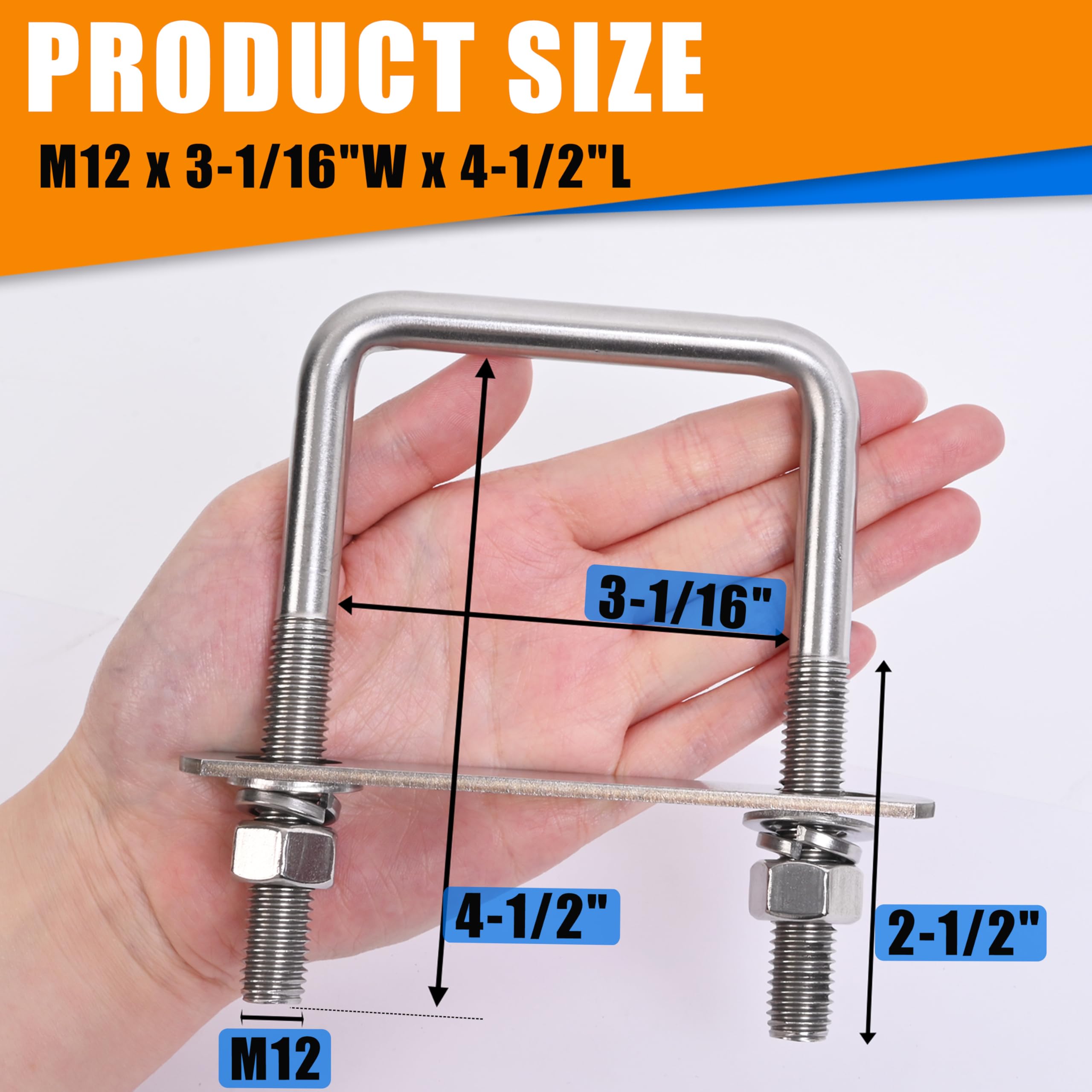 Stainless Steel U-Bolts - M12, 3-1/16" x 4-1/2" -2 Stainless Steel U-Bolts - M12, 3-1/16" x 4-1/2" -2