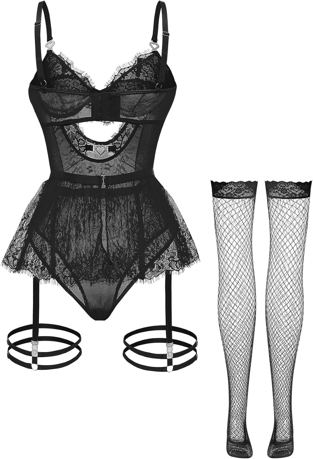 Sexy Stocking Underwire Push Up Rhinestones Heart Floral Lace Mesh Sheer Garter Bodysuit Skirt Lingerie Set 3 Piece - Image 4