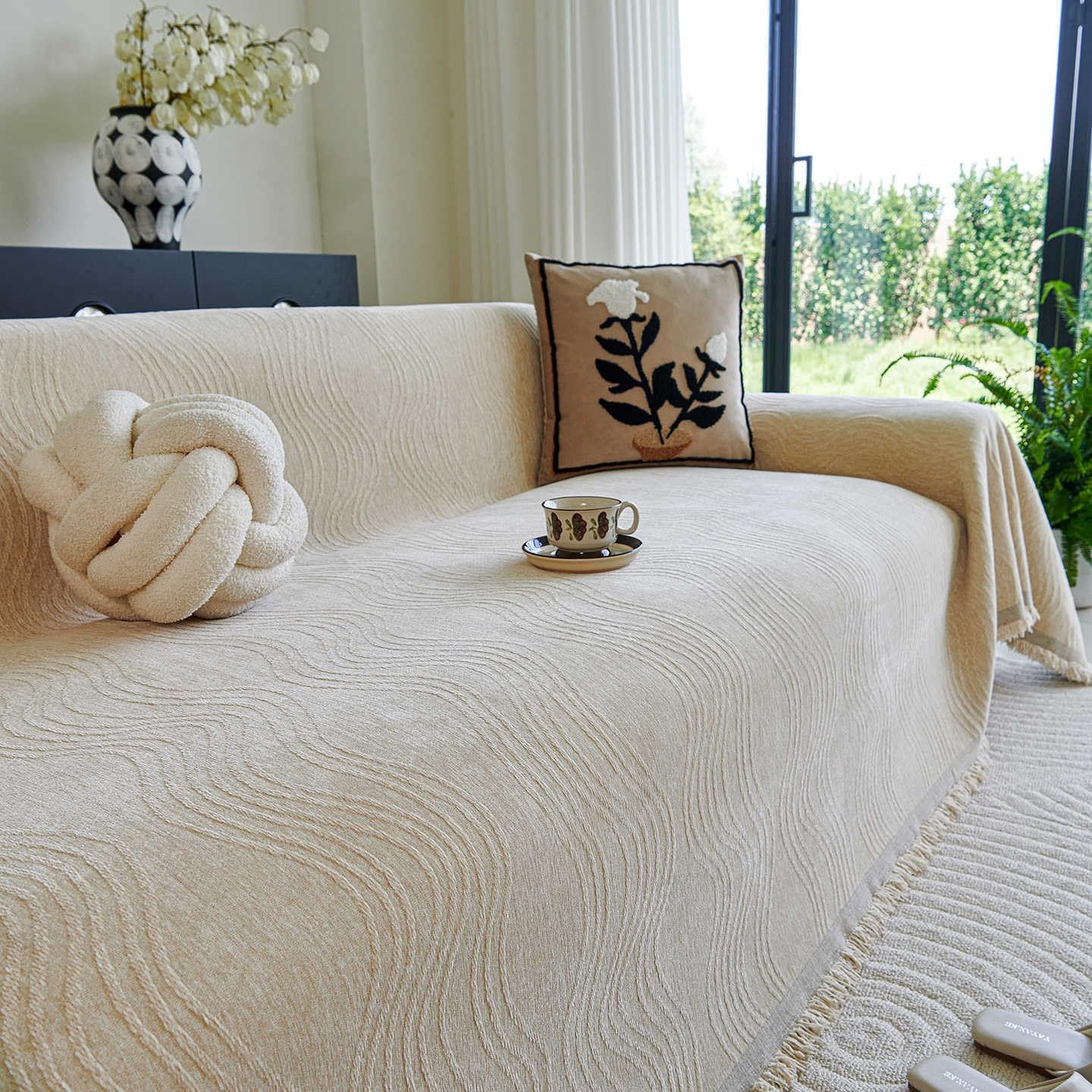 Housse de canapé chenille pour protéger un canapé-lit en L