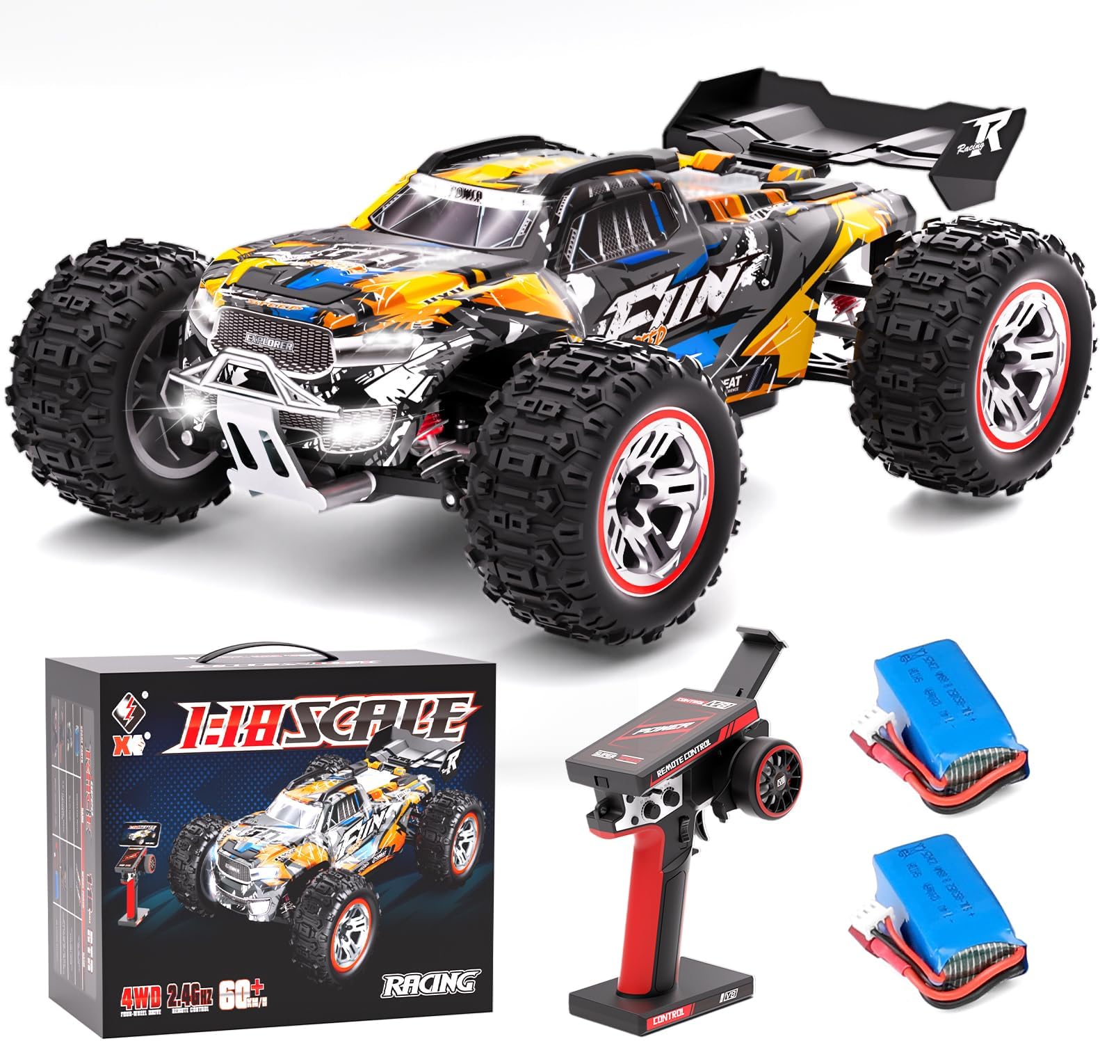 1/18 Scale All Terrains RC Cars for Adults, Brushless 37 MPH Fast Electric Car with 2.4 GHz Remote Control, 4X4 Off-Road Truck with Two Rechargeable Batteries, Gifts for Boys