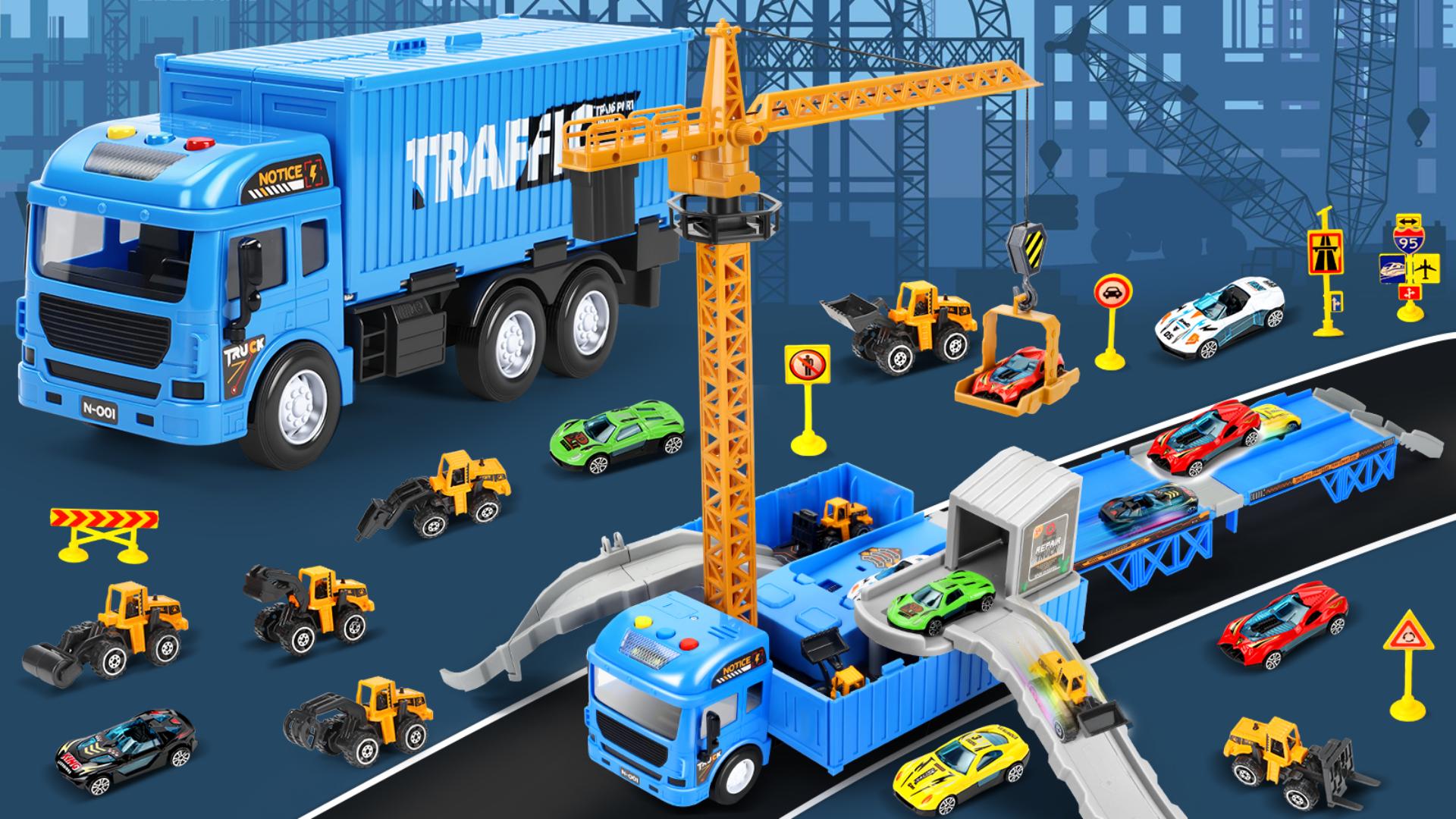 Camión De Construcción Charmofun Con Luces, Sonidos Y Doble Pista – Incluye Grúa, 6 Mini Vehículos Y 5 Coches De Carreras – Regalo Para Niños De 3 A 7 Años