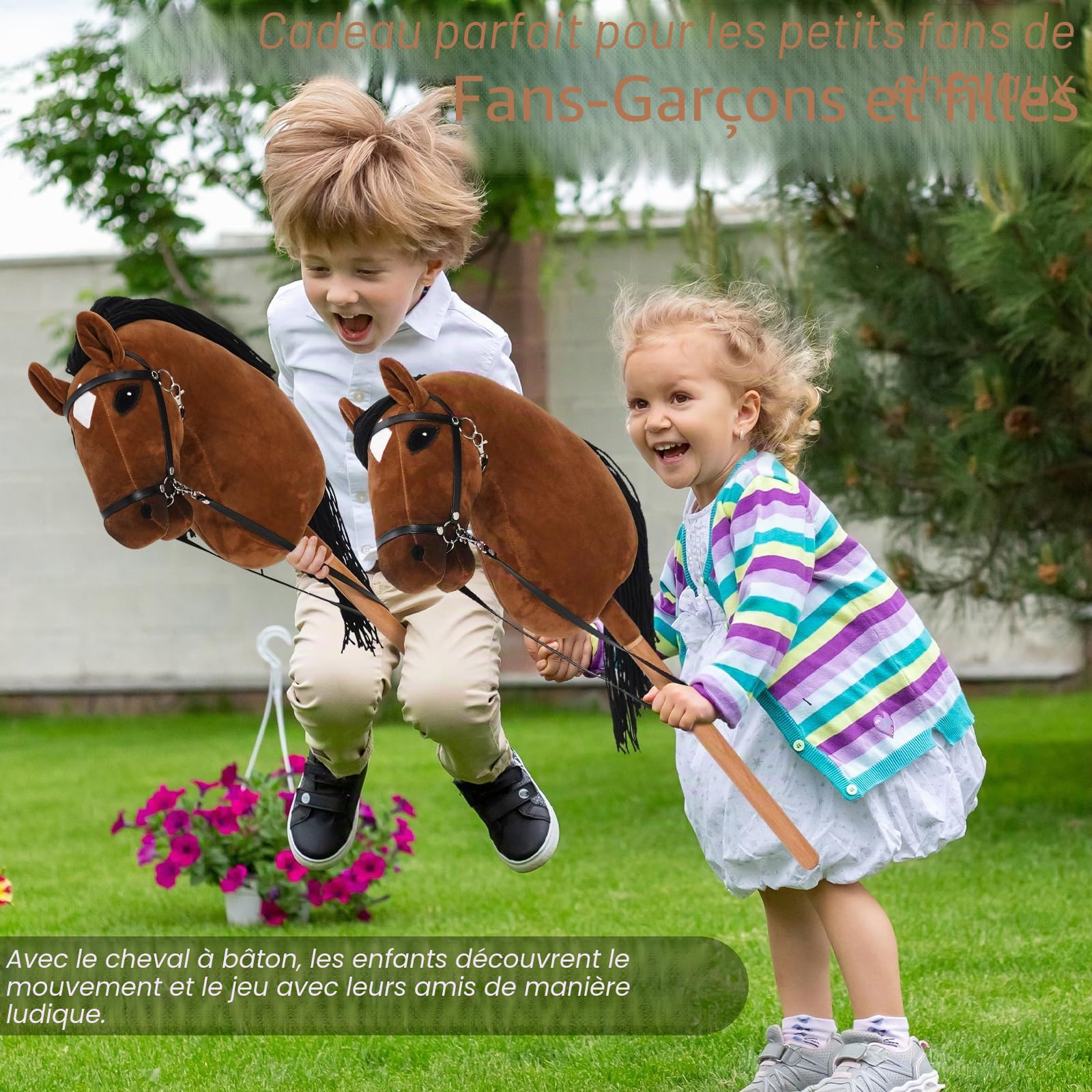 Hobby Horse pour Enfants, Cheval Jouet en Bois et Peluche avec Selle et Rênes, dès 3 Ans