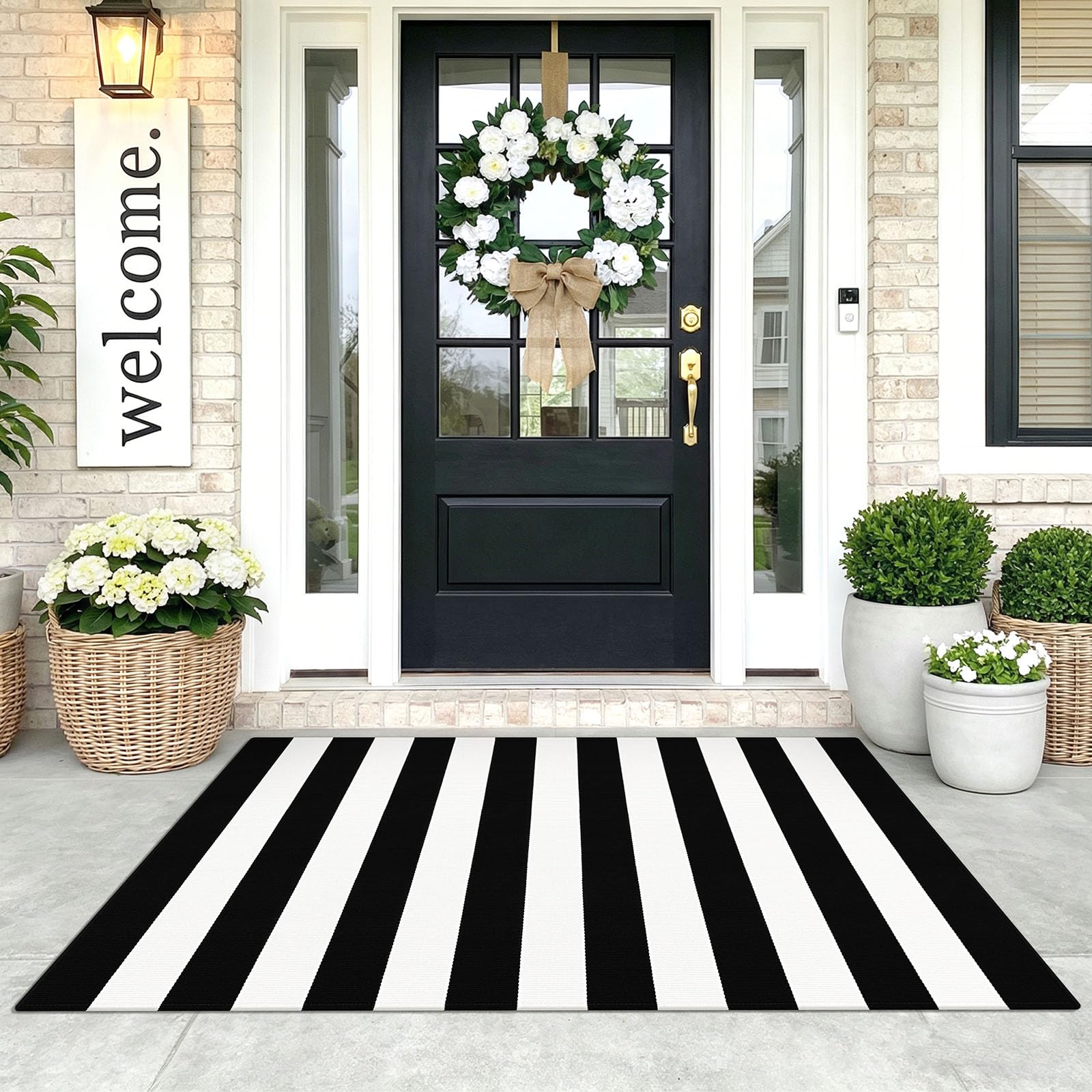 KOZYFLY Black and White Striped Rug 3'x5' Indoor Outdoor Rugs Hand Woven Cotton Washable Striped Layered Doormats for Front Door/Kitchen/Farmhouse/Entryway/Patio โ image 1
