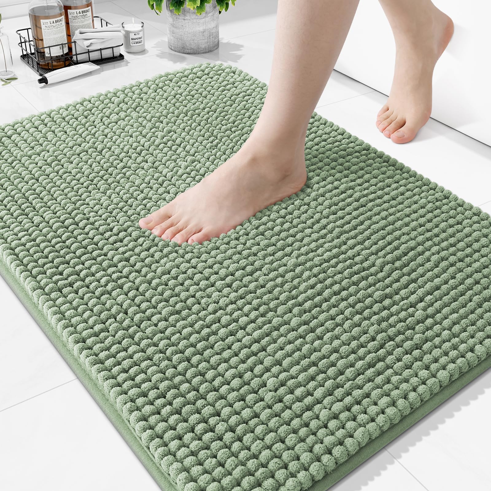 Homaxy Thick Soft Fluffy Bath Mat, Chenille Absorbent Bathroom Mat, Non Slip Bath Mats for Bathroom, Machine Washable Quick Drying Bath Rug, 51×76 cm, Sage Green — image 1