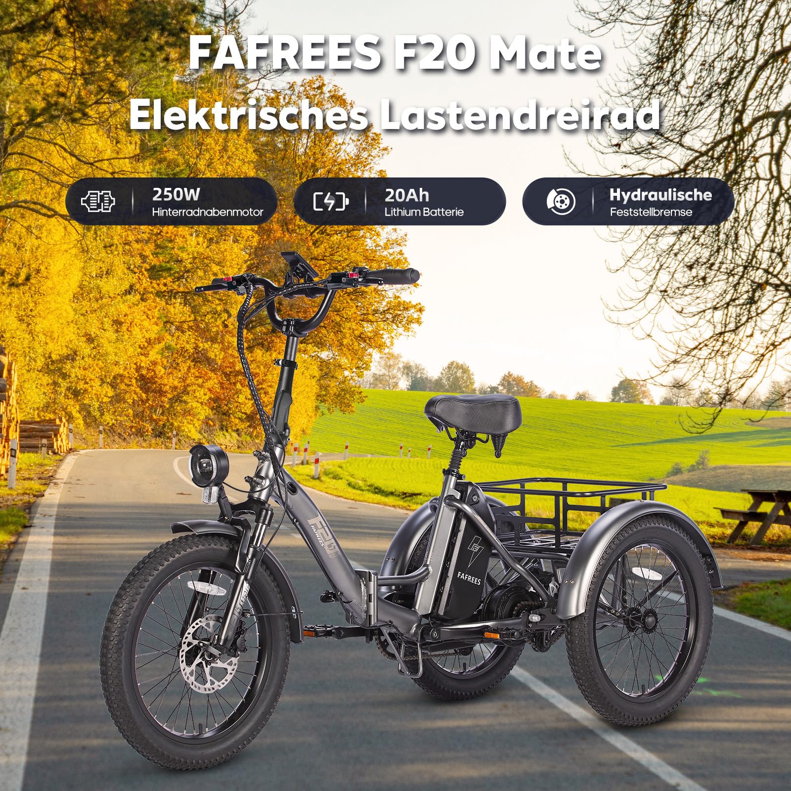 Fafrees F20 Mate faltbares Elektro-Dreirad E-Bike 20 Zoll Fat Tire, 48V 20Ah Akku 120km, hydraulische Feststellbremsen, 180kg Traglast mit Korb
