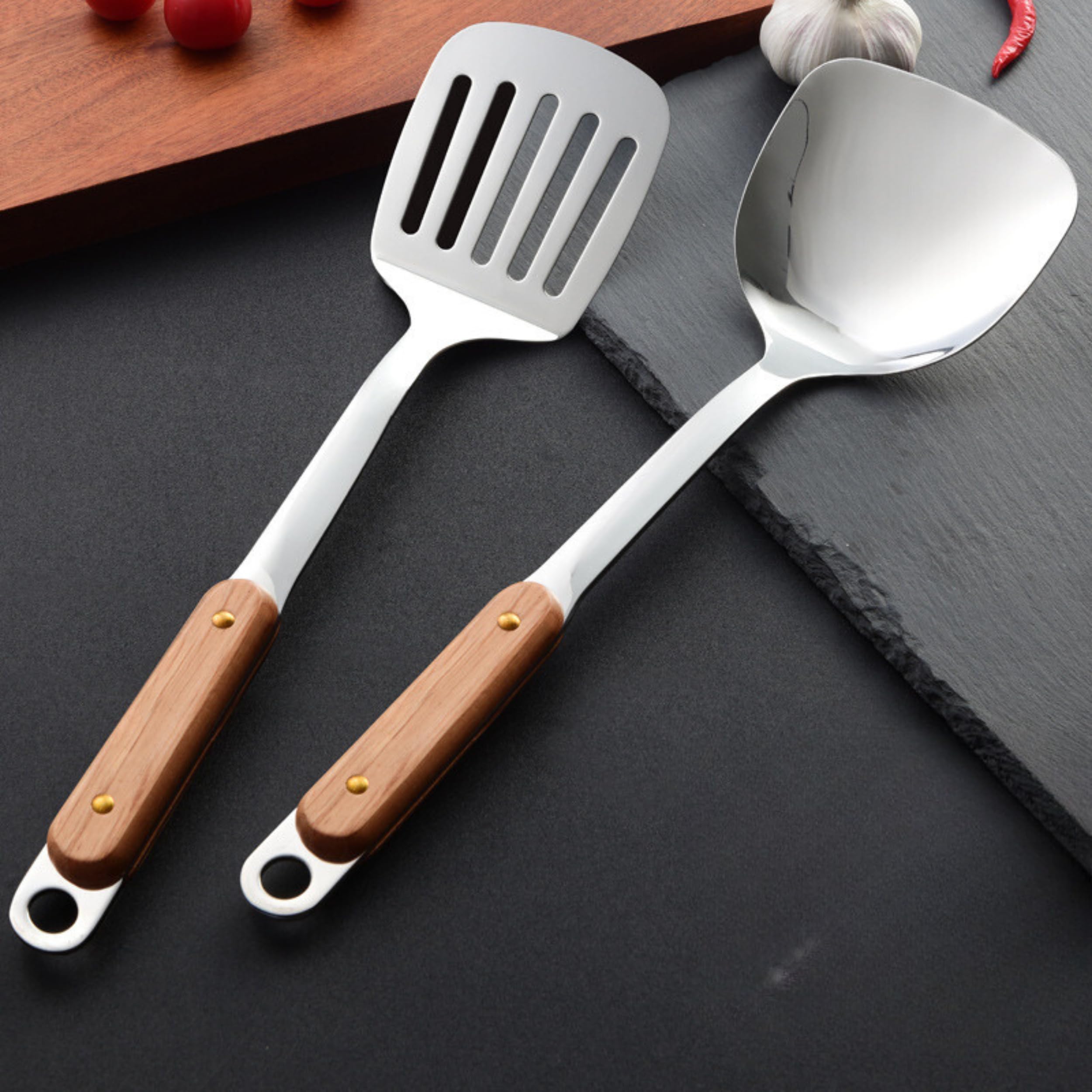 Kankuwar Stainless Steel Ladle, Serving Spoon, Spatula & Slotted BBQ Turner for Ladling Soup, Stir-Frying Food, Grilling, Scraping, Turning Meat, Mixing Scrambled Eggs, Flipping Burgers (Set of 6) - Image 8 thumbnail