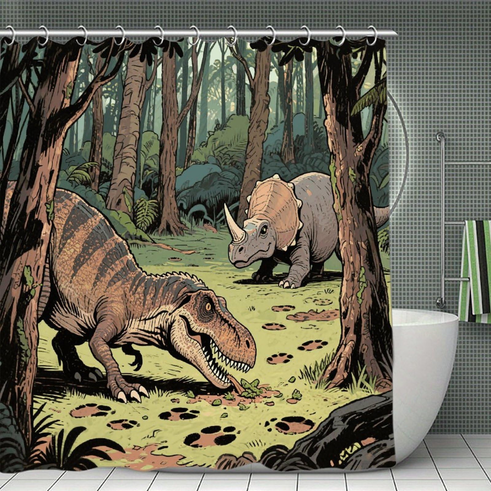 VstaDank Dinosaur Jungle Bath Curtain Elegant Heavy Duty Shower Curtains 70x70 in Rustic Farmhouse Cloth Shower Curtains Neutral Modern Bath Curtain for Bathroom