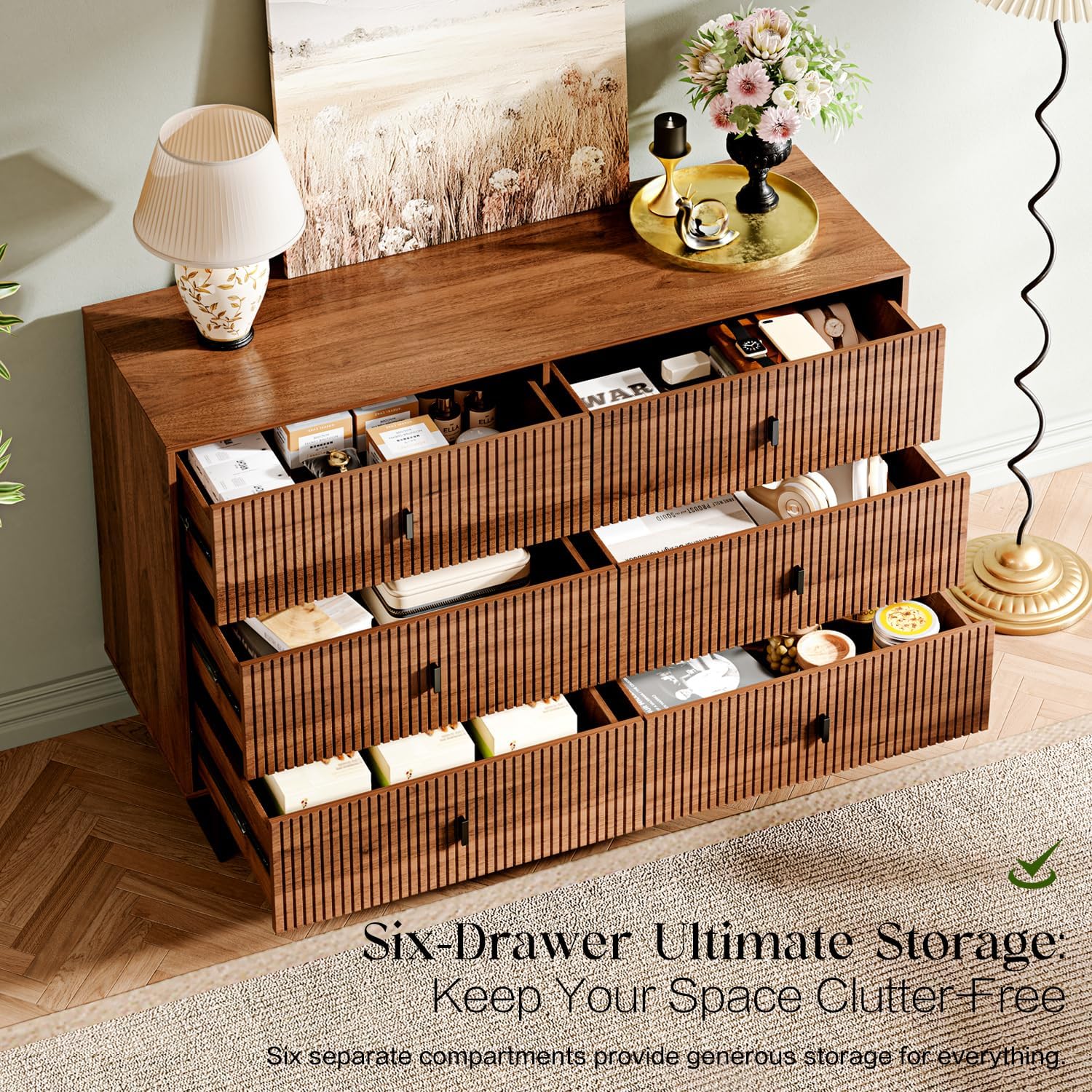 Open drawers of the chest filled with various organized items