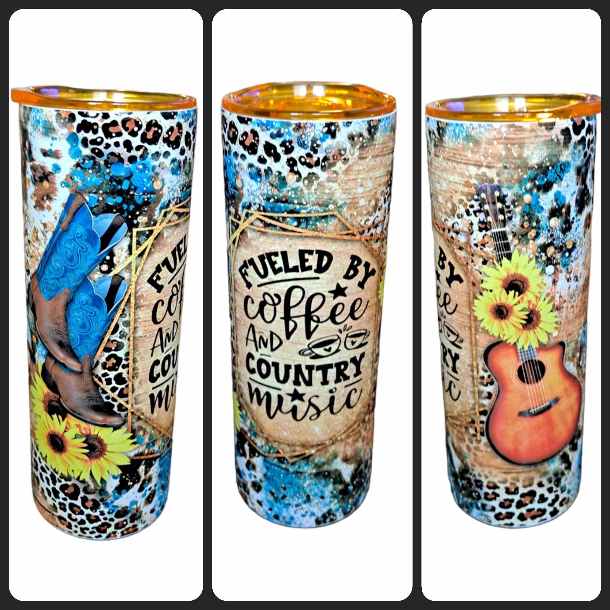 Fueled by Coffee and Country Music Custom Deluxe Tumbler Cup - 20 oz Stainless Steel Skinny Tumbler with Colored Lid, Straw, and Anti Slip Silicone