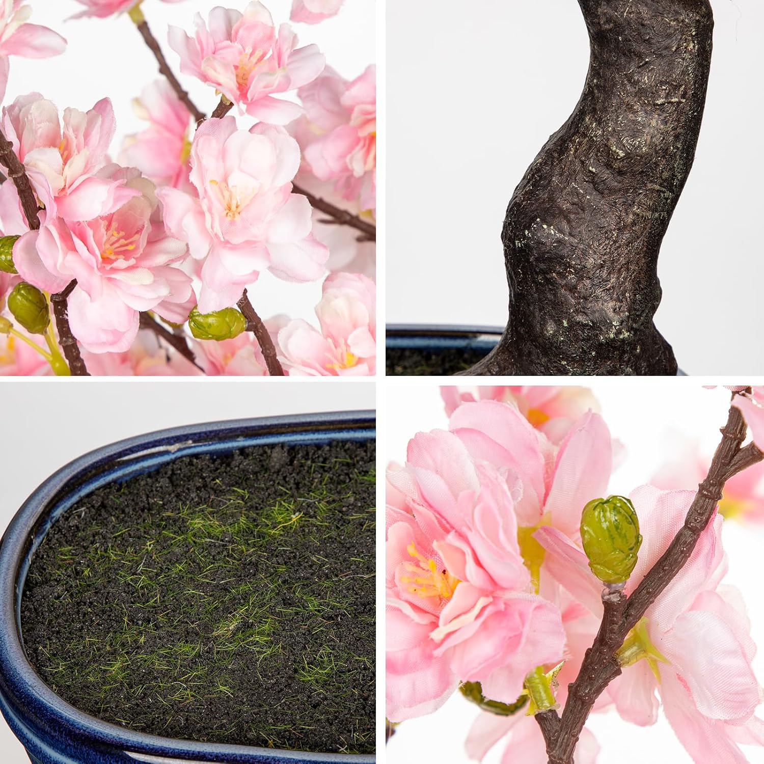 Artificial Cherry Blossom Bonsai Tree in Kiln-Glazed Ceramic Pot, Fake Sakura Flower Desktop Bonsai Plant, Real Touch Silk Cherry Flowers with Twisted Trunk for Home Office Table Zen Japanese Décor