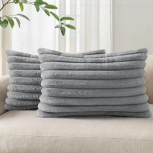 Pallene Faux Fur Plush Lumbar Throw Pillow Covers 12x20 Set of 2, Luxury Soft Fluffy Striped Decorative Pillow Covers for Sofa, Couch, Living Room, Grey