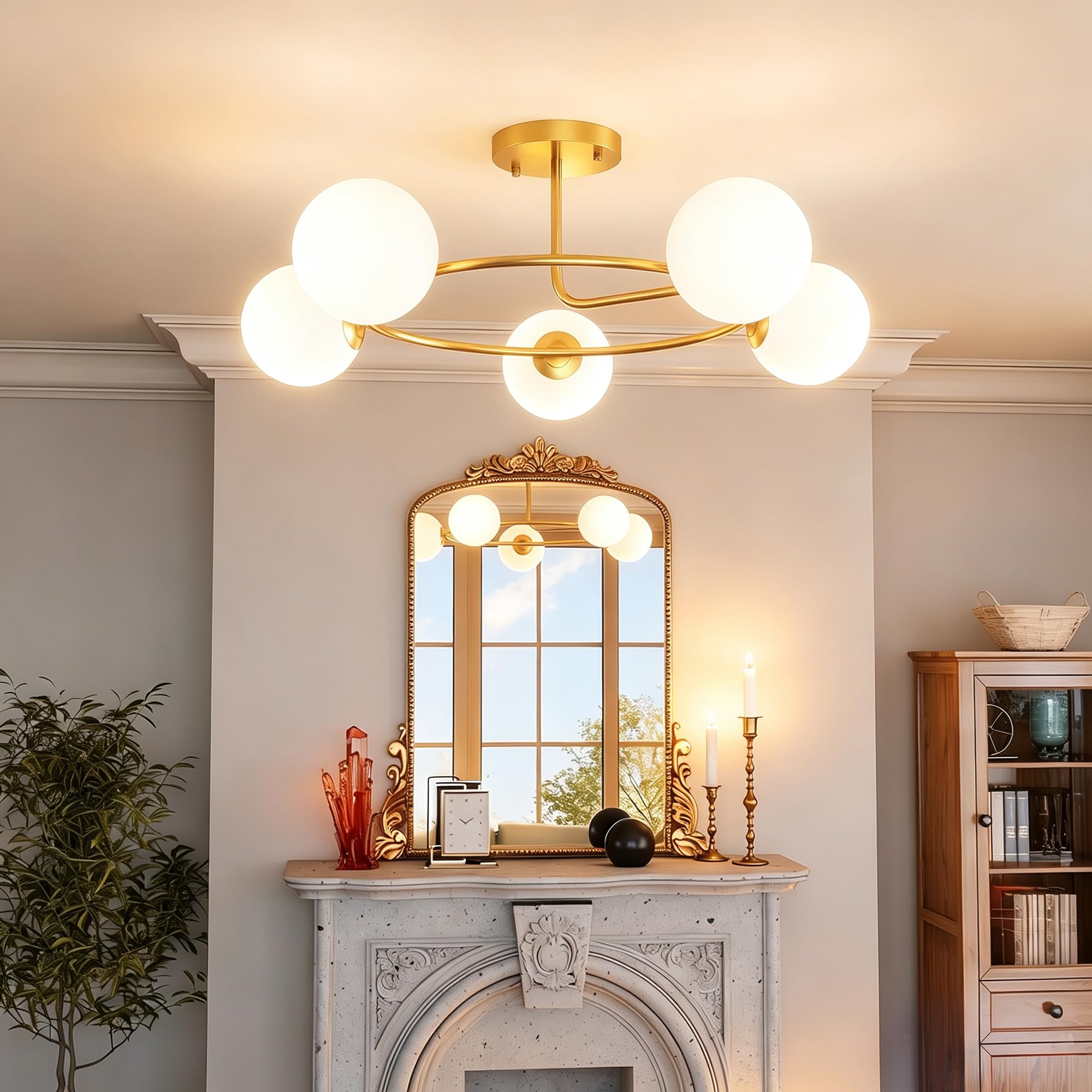 HOMCOM Plafonnier LED 20W 5 Culots G9 Lampe de Plafond Moderne Doré Blanc | Luminaire Plafonnier, à Montage Semi-Affleurant, pour Salon, Couloir, Salle à Manger, Cuisine, Ampoules Non Incluses