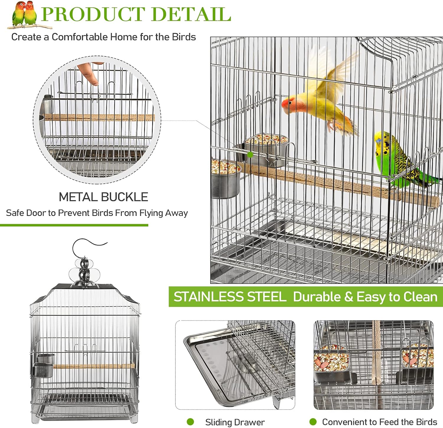 Lilithye Large Stainless Steel Parakeet Bird Cage 30 Inch Height Hanging Parrot Bird Cages with Stand for Cockatiels African Grey Quaker Parakeets Conures Pigeons Flight Perches Birdcage : Pet Supplies