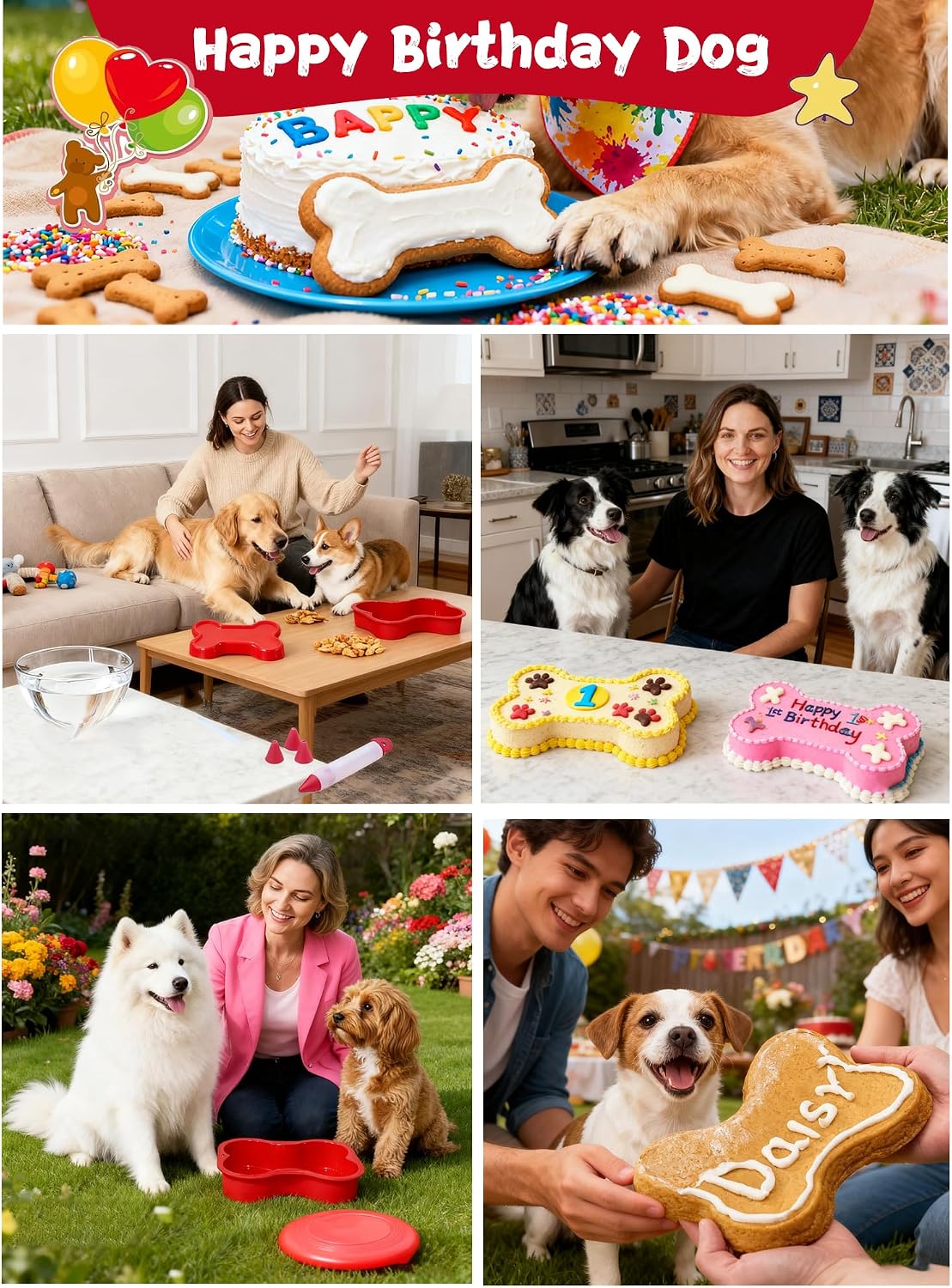 Dog Birthday Cake Kit - Bake Birthday Cakes for Dogs - Pet Party Supplies Set with - Bone Shaped Mold, Birth day Hat & Bow, 3 Cookie Cutter, 7 Vet-Backed Recipes, 1 Drawing Pens