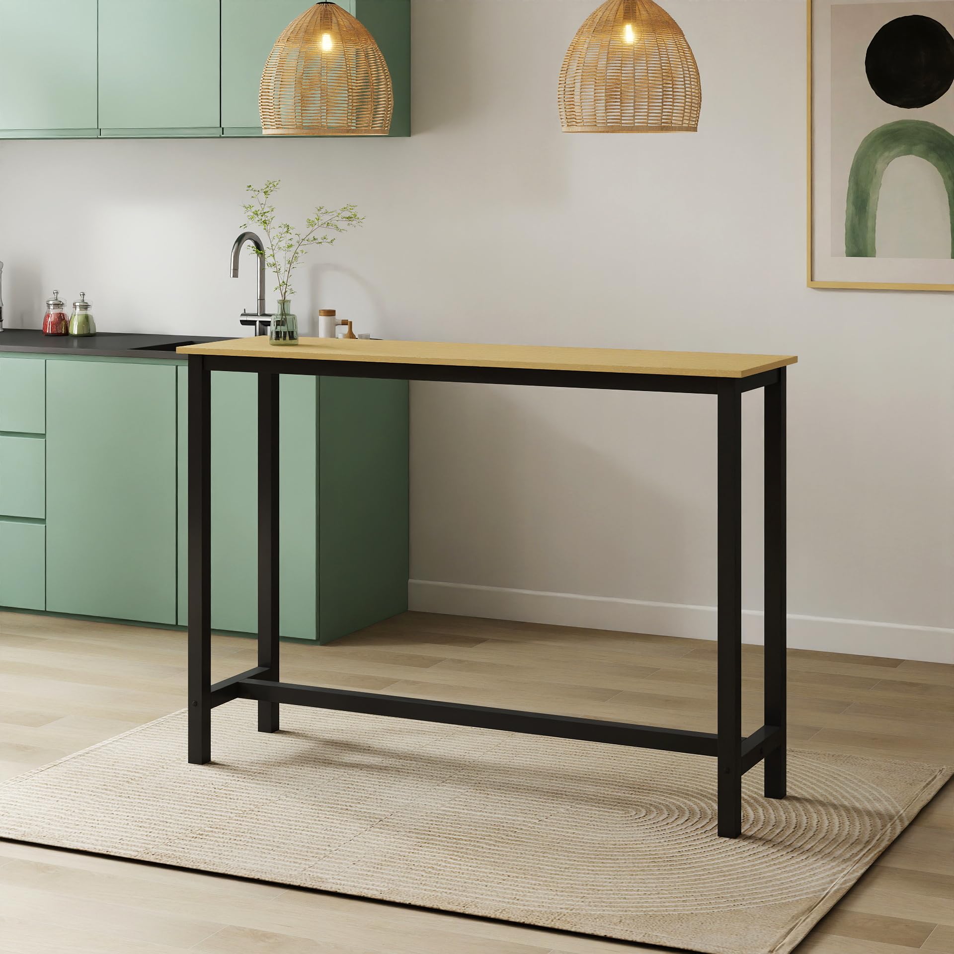 MB Muebles Bonitos | Table de Bar Haute ANI pour 2 Personnes avec Pieds en Métal | Table Cuisine en Mélamine Mate | Couleur Noir et Sonoma | 140x100x40 cm