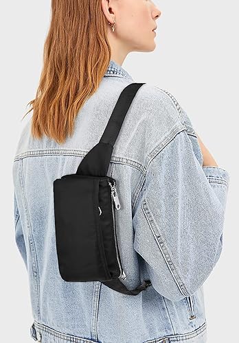 Vista 6 de UTO Riñonera para mujeres y hombres, riñonera de nailon repelente al agua, a la moda, ligera, con 5 bolsillos con cremallera