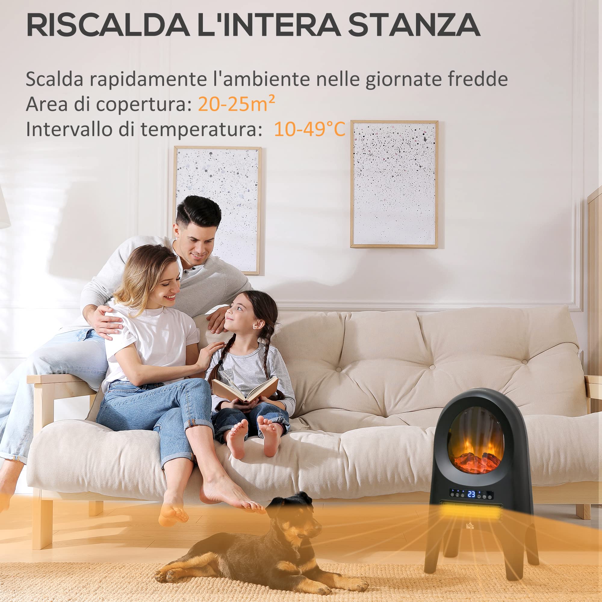 HOMCOM Camino Elettrico PTC 3 Modalità 1000W/2000W 33.7x25.5x60.4 cm Nero | Caminetto Elettrico, Temperatura Regolabile, Spegnimento Automatico, Timer, Telecomando