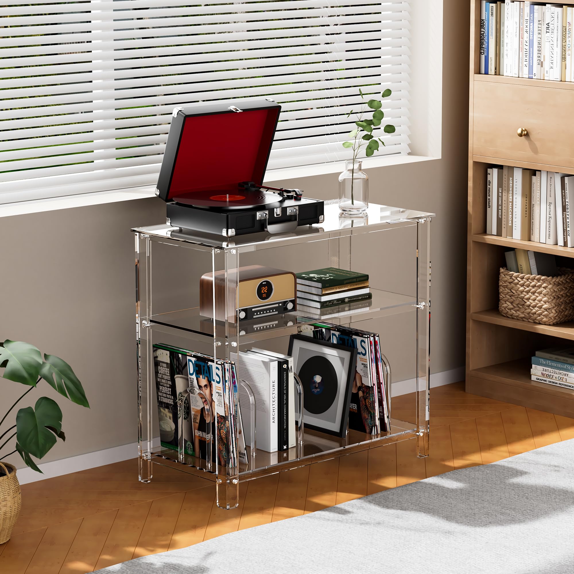 Supporto per giradischi in acrilico, con contenitore in vinile, supporto per giradischi, tavolo portaoggetti per soggiorno, ufficio (trasparente, 80 x 40 x 73 cm)