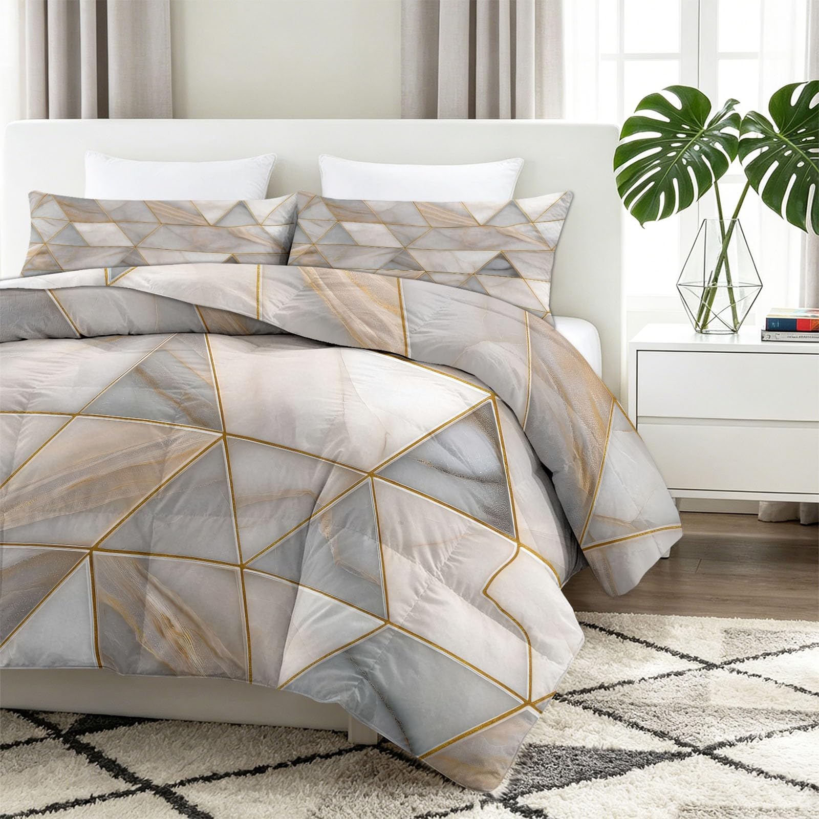 Copripiumino singolo senza copripiumino, design moderno e lussuoso, motivo geometrico a triangolo, reversibile, con federa abbinata, lavabile in lavatrice e ipoallergenico, grigio oro, 135 x 200 cm