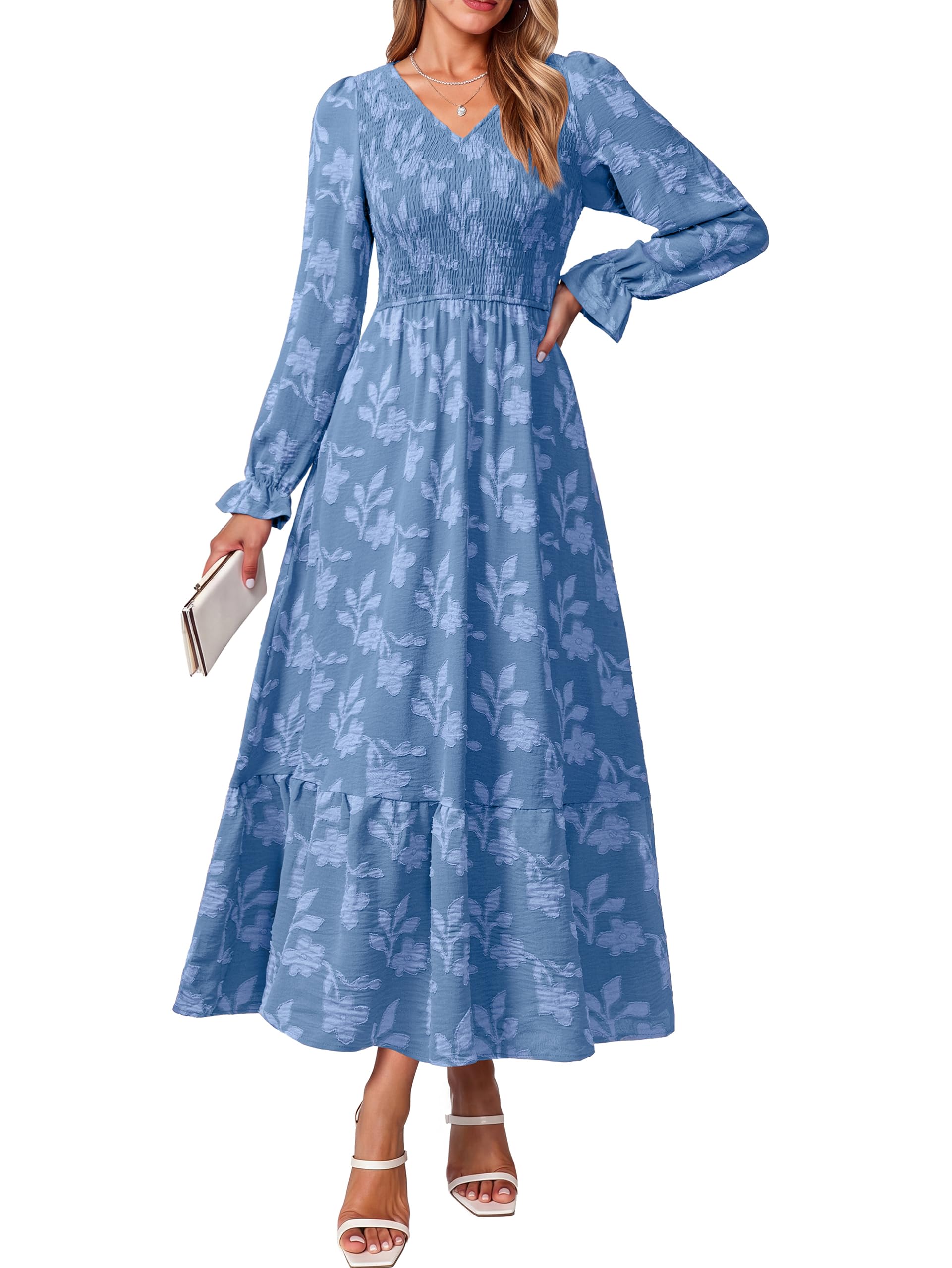 Simplee Boho Maxi Fall Womens Dress Long Sleeve Wedding Guest Dresses | Smocked Empire Wa…