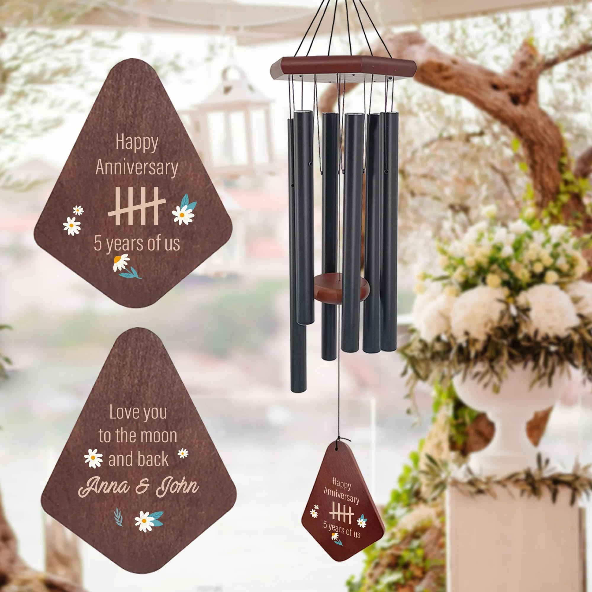 Personalized Anniversary Wind Chimes, Custom Names, Deep Tone Aluminum