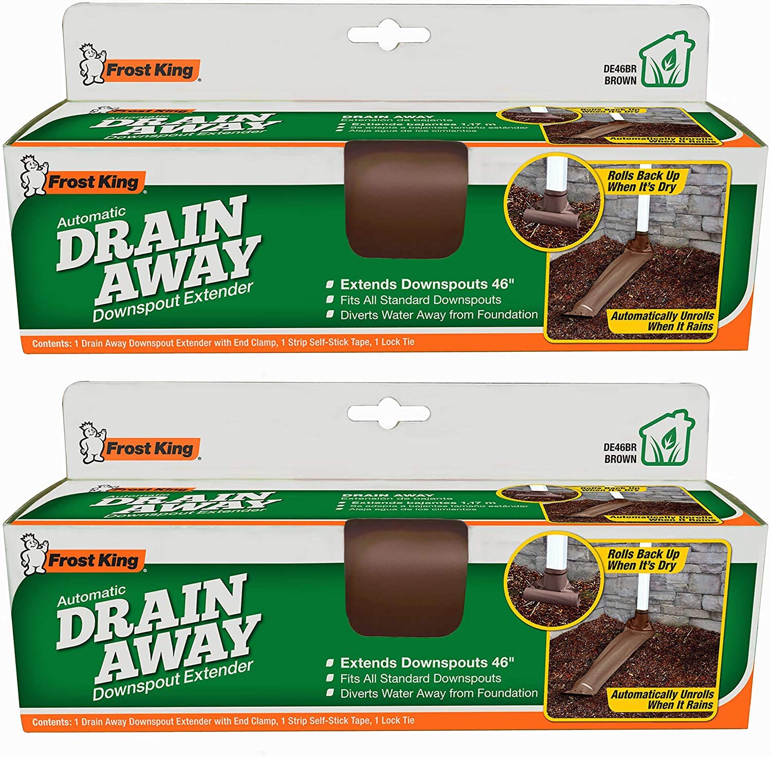 Frost King DE46BR Automatic Plastic Drain Away Downspout Extender, Extends 4-Feet, Brown 2 Pack