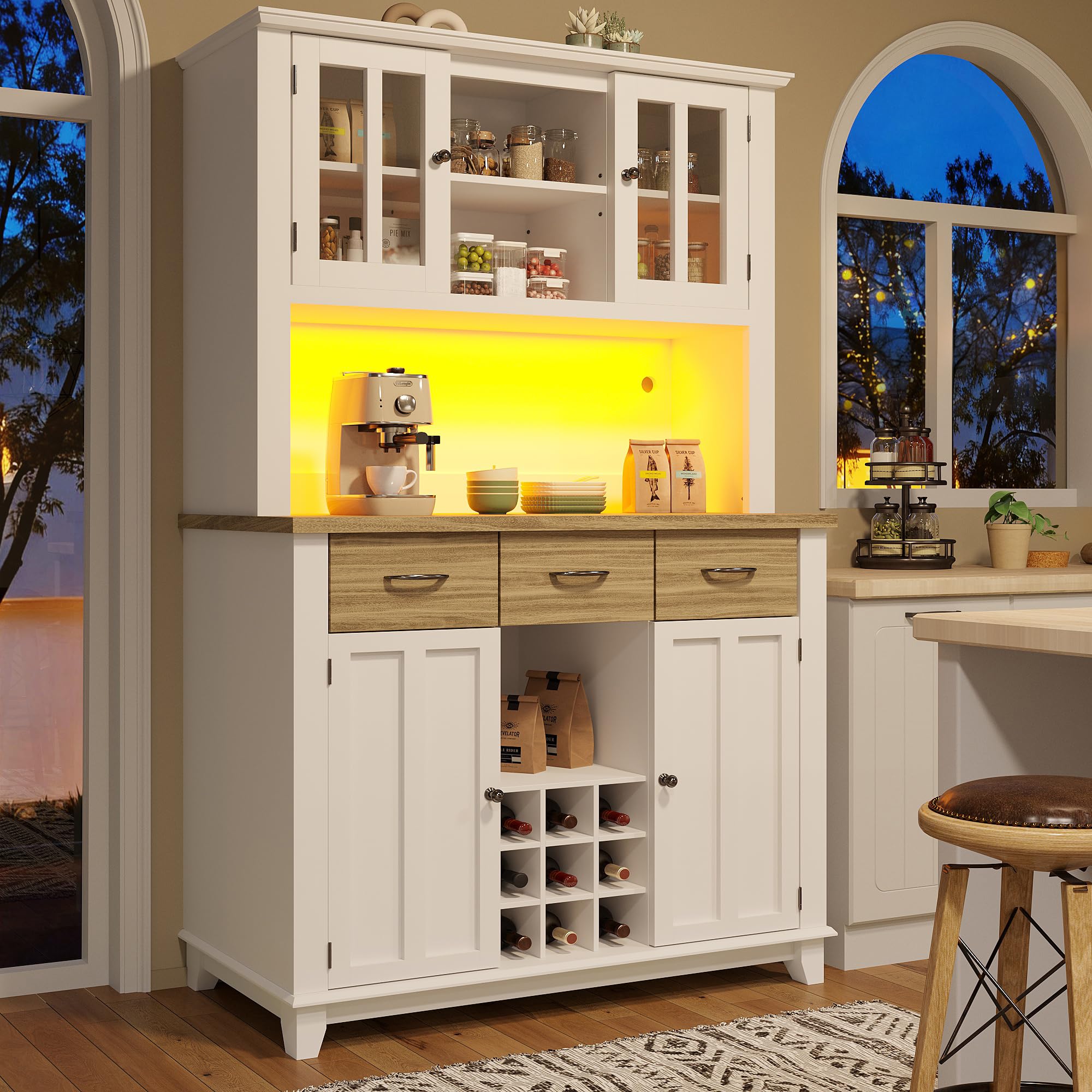 Lexiou Mobile Dispensa Cucina,Credenza Cucina Alta Mobile Dispensa Buffet,Credenza Cucina con Illuminazione a LED,Ripiani Regolabili, Grande Spazio, Cucina, Sala da Pranzo,106 x 40 x 179.5cm (Bianco)